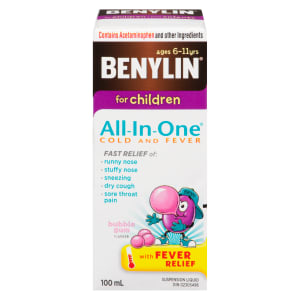 Benylin All-In-One Cold and Fever Suspension Liquid for Children Bubble Gum Flavour 100 ml
