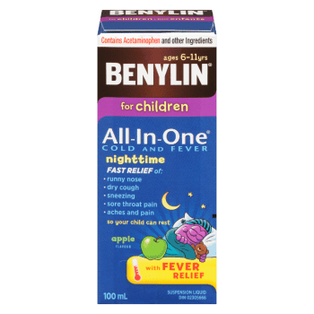 Benylin All-In-One Cold and Fever Suspension Liquid for Children Nightime Apple Flavour 100 ml