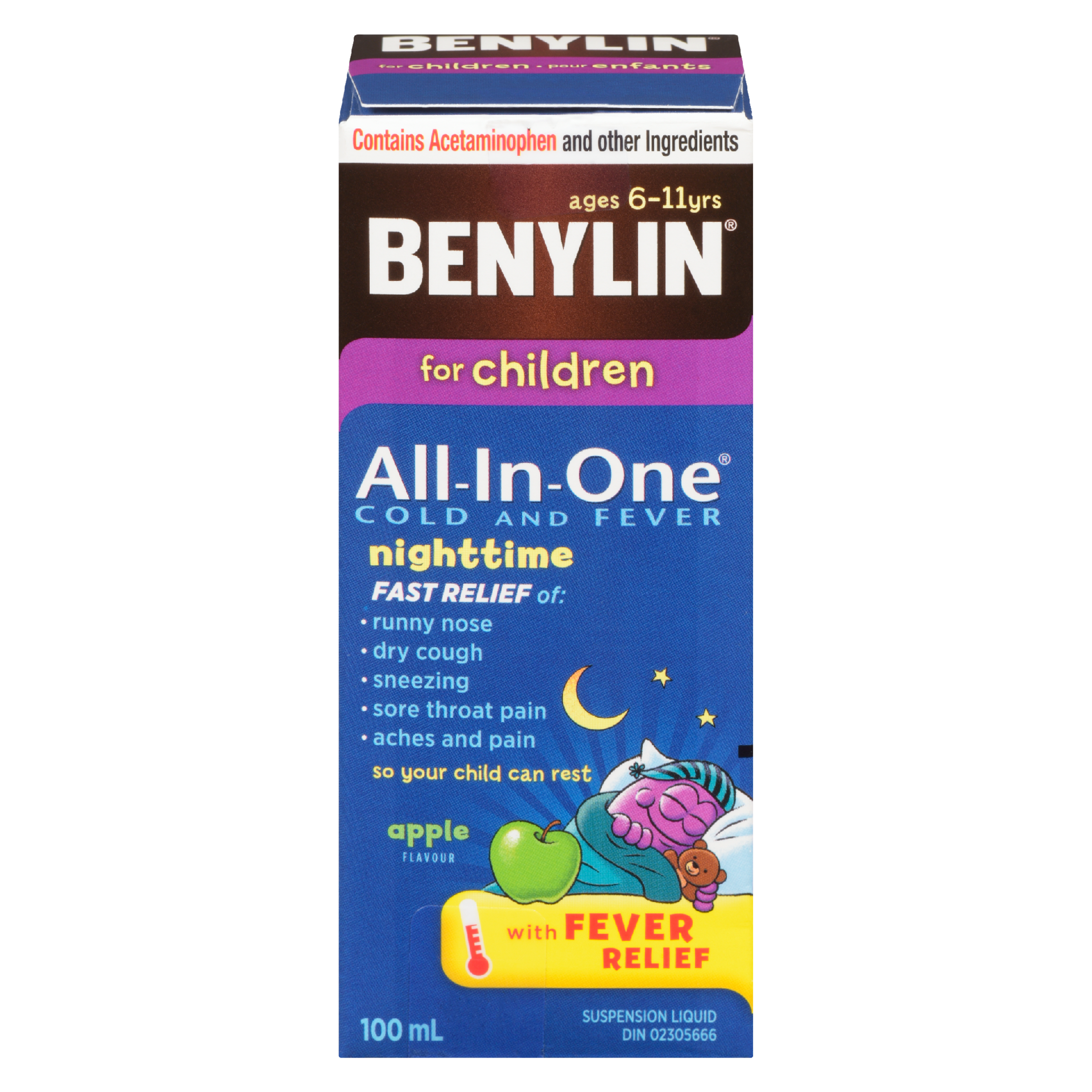 Benylin All-In-One Cold and Fever Suspension Liquid for Children Nightime Apple Flavour 100 ml