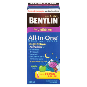 Benylin All-In-One Cold and Fever Suspension Liquid for Children Nightime Apple Flavour 100 ml