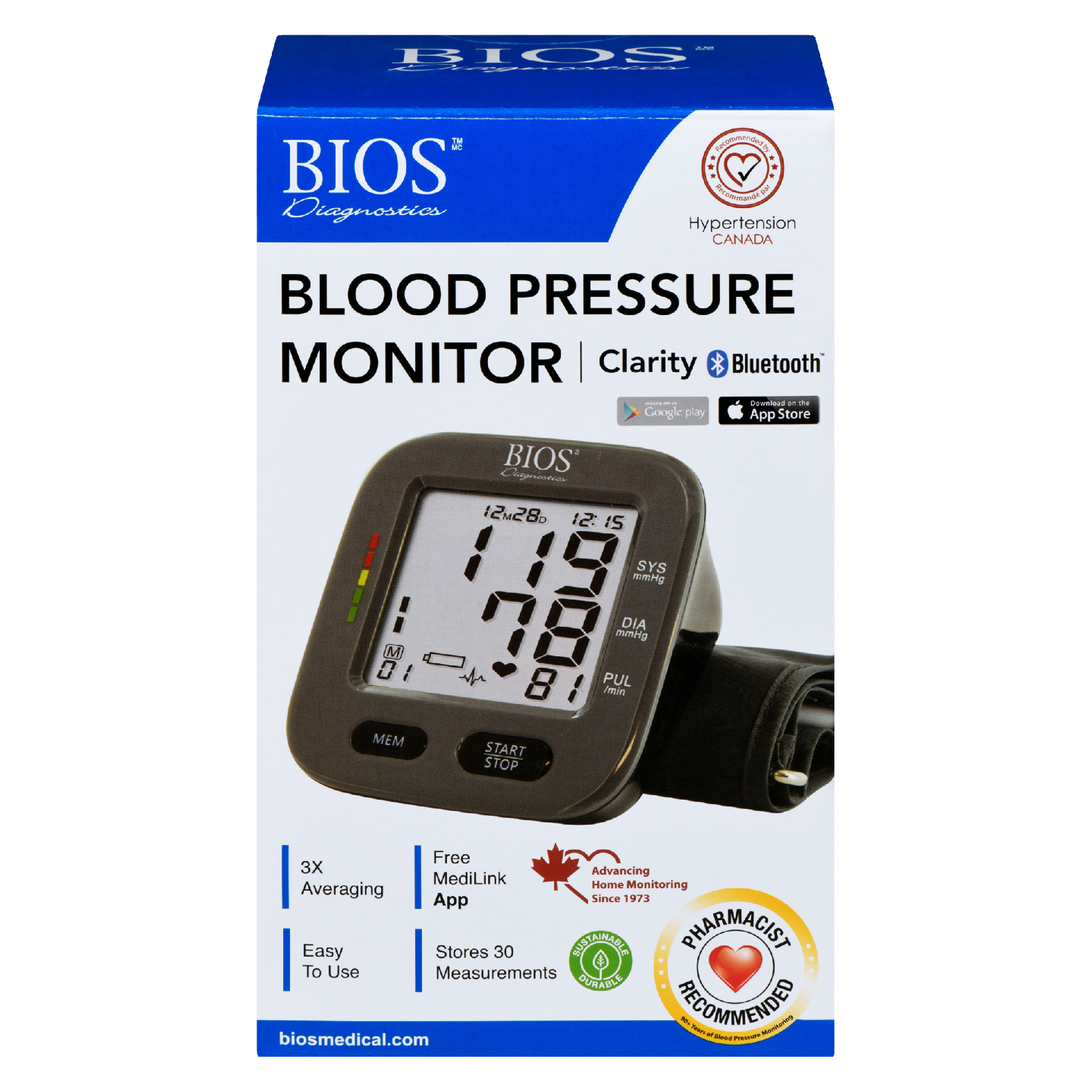 BIOS Diagnostics Blood Pressure Monitor Clarity Bluetooth