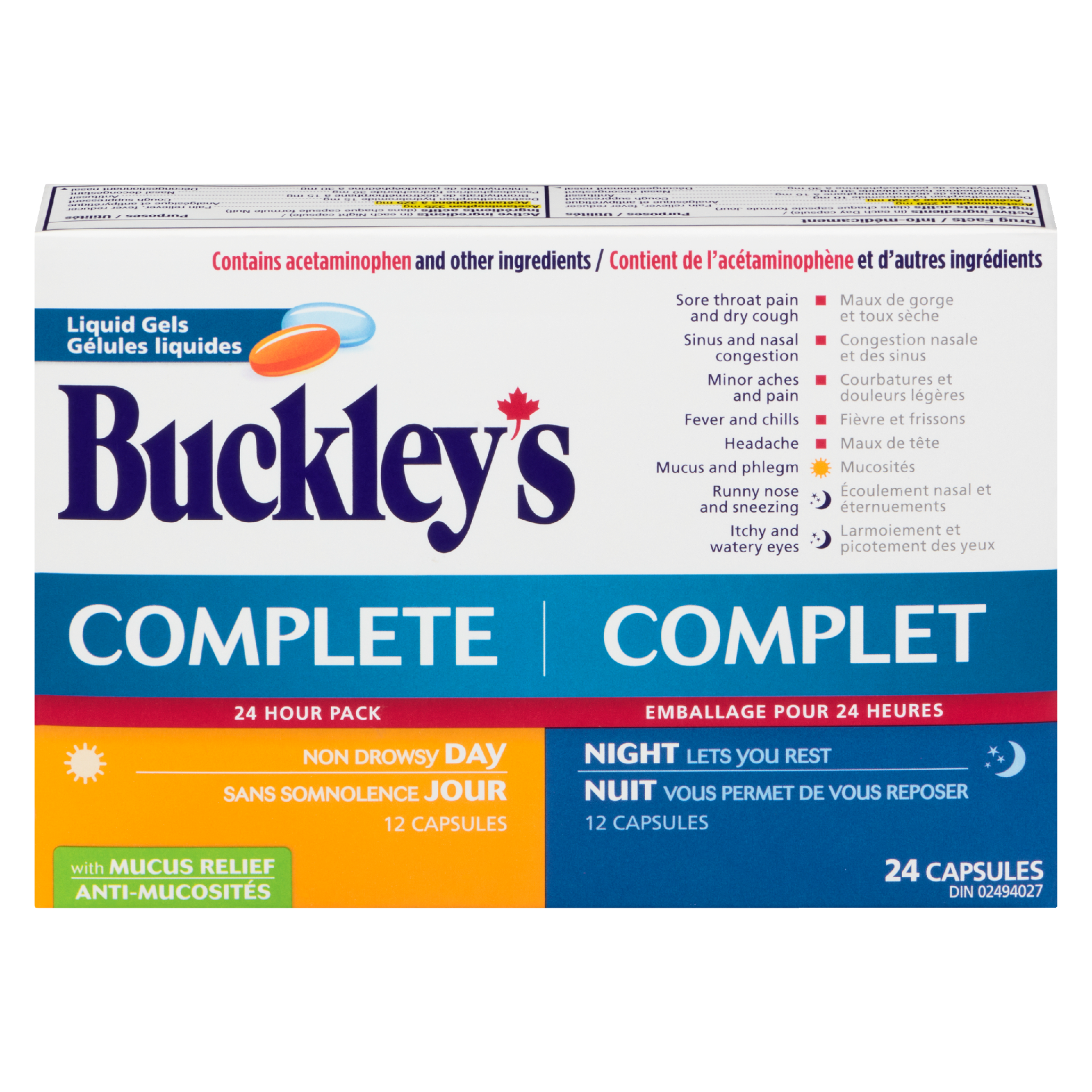 Buckley's Complete Liquid Gels 24 Hour Pack Day Night with Mucus Relief 24 Capsules