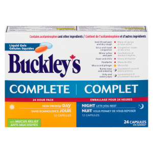 Buckley's Complete Liquid Gels 24 Hour Pack Day Night with Mucus Relief 24 Capsules
