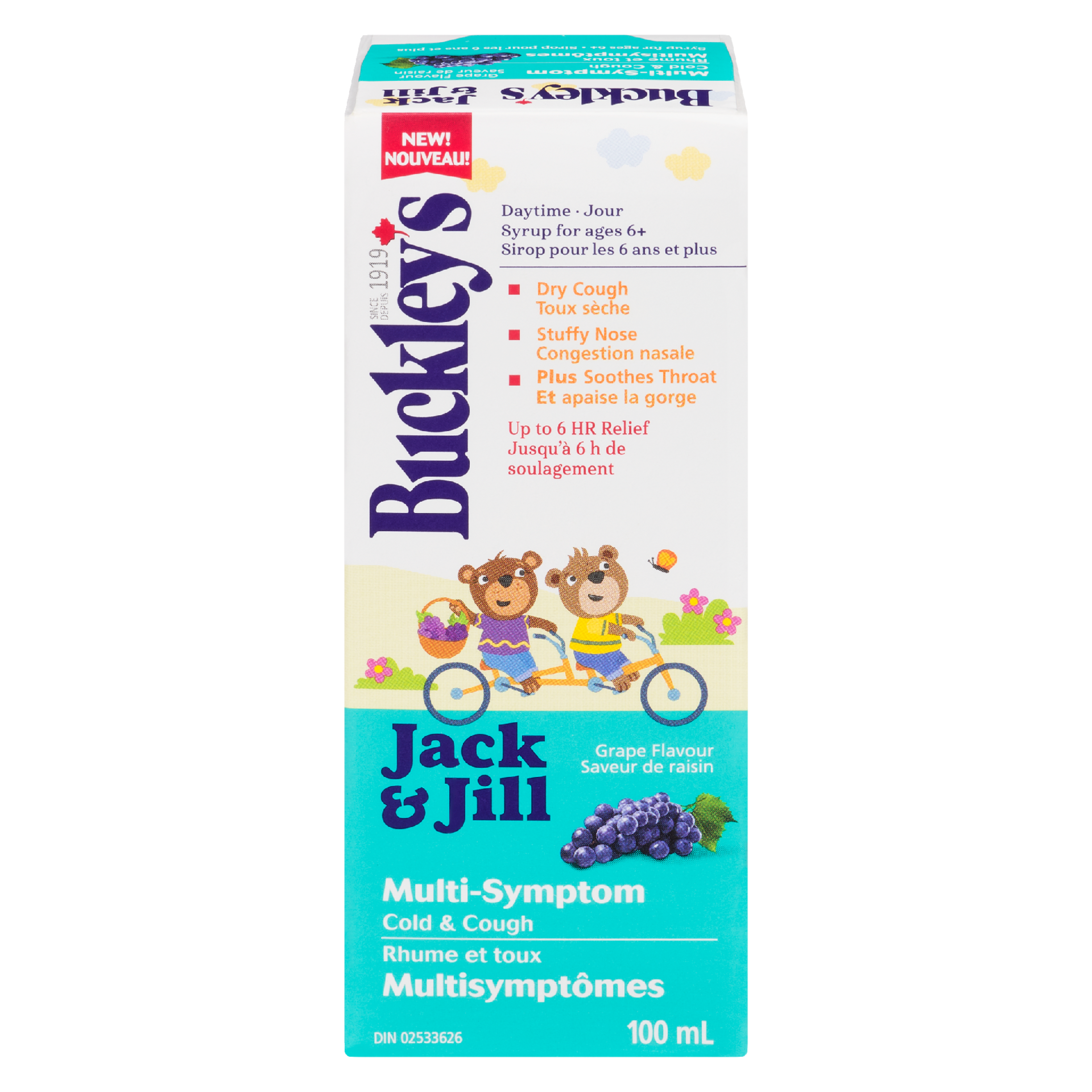Buckley's Jack & Jill Syrup for Ages 6+ Daytime Multi-Symptom Cold & Cough Grape Flavour 100 ml