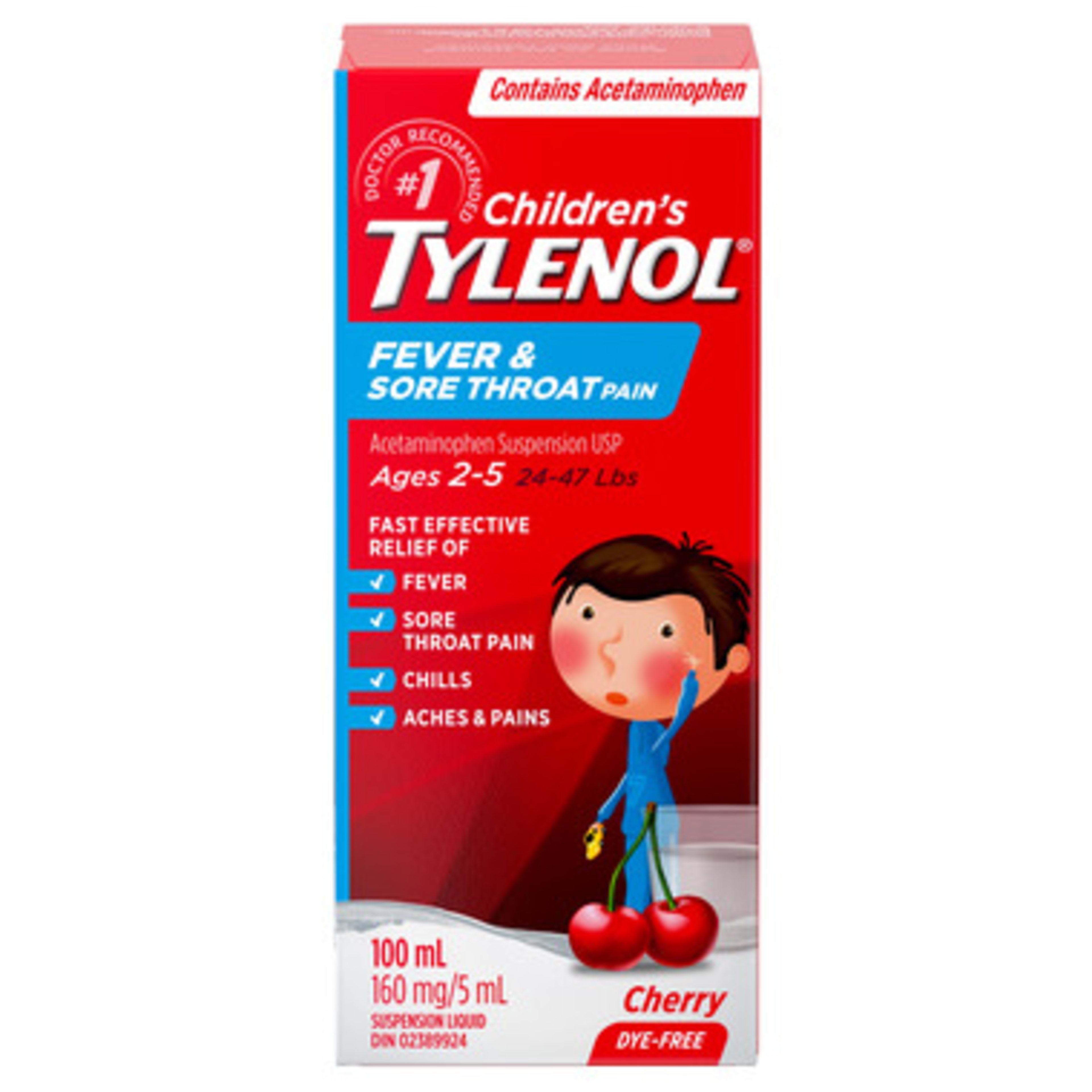 Tylenol Children's Suspension Liquid Fever & Sore Throat Pain Cherry Ages 2-5 100 ml