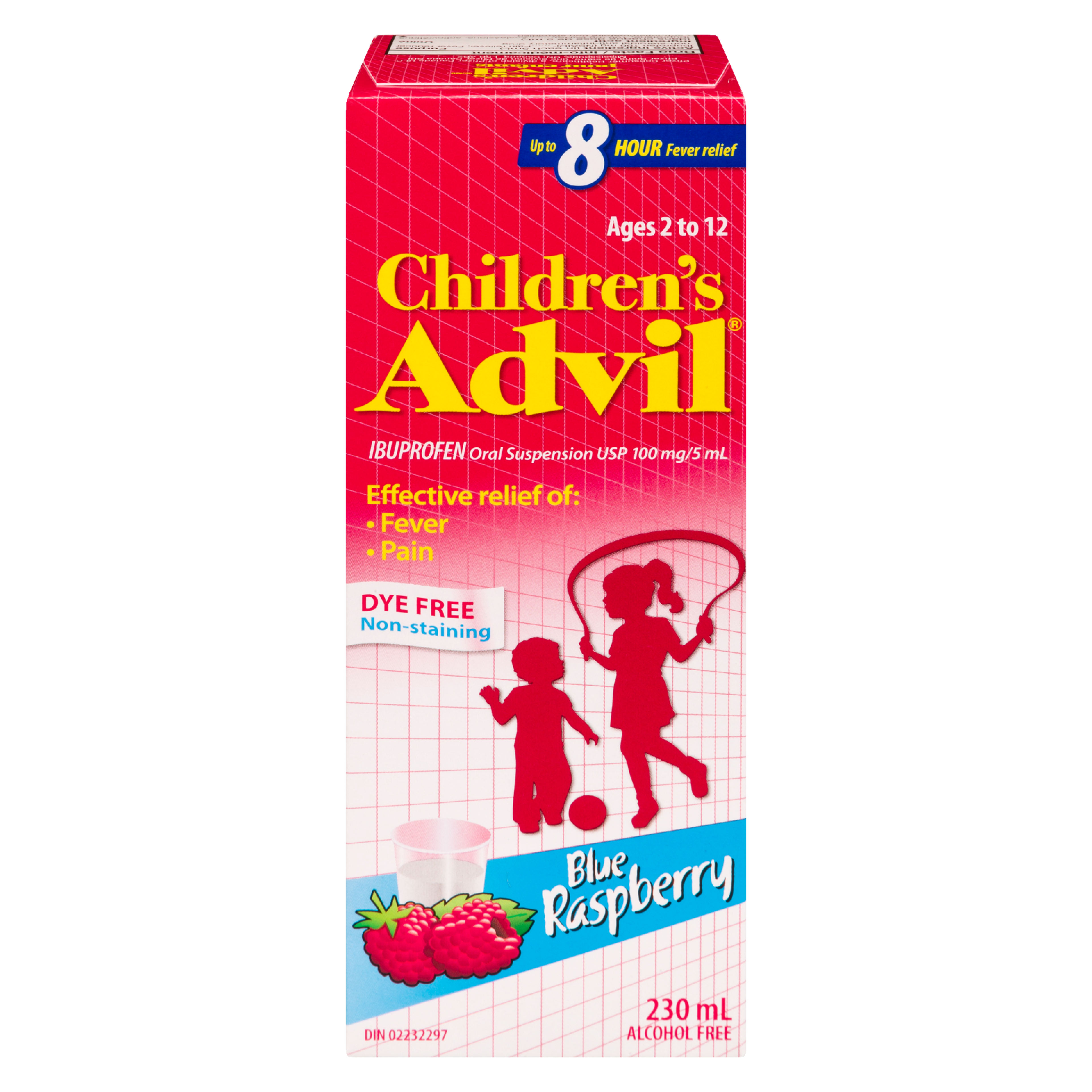 Children's Advil Ibuprofen Oral Suspension USP 100 mg/5 ml Ages 2 to 12 Blue Raspberry 230 ml