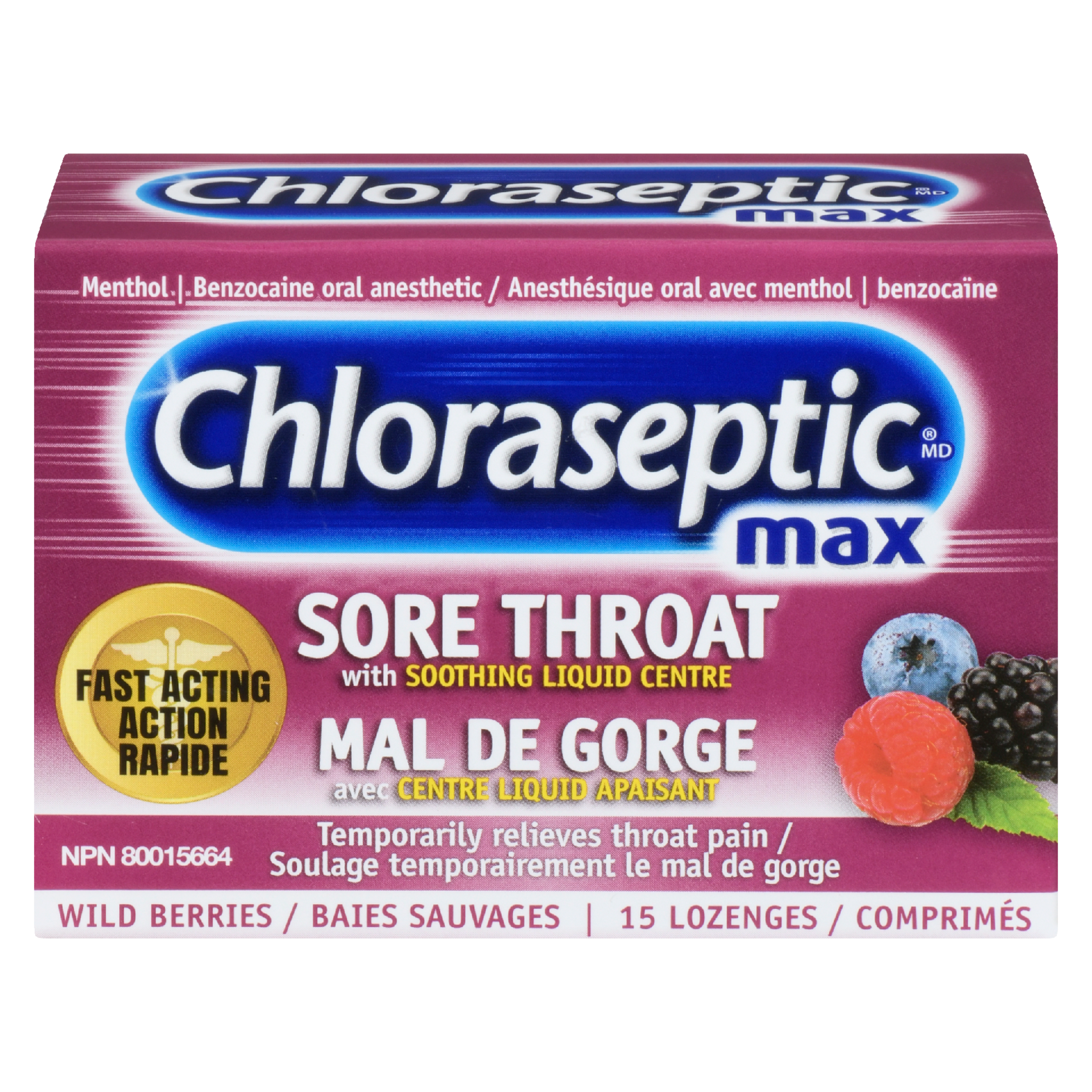 Chloraseptic Sore Throat with Soothing Liquid Centre Max Wild Berries 15 Lozenges