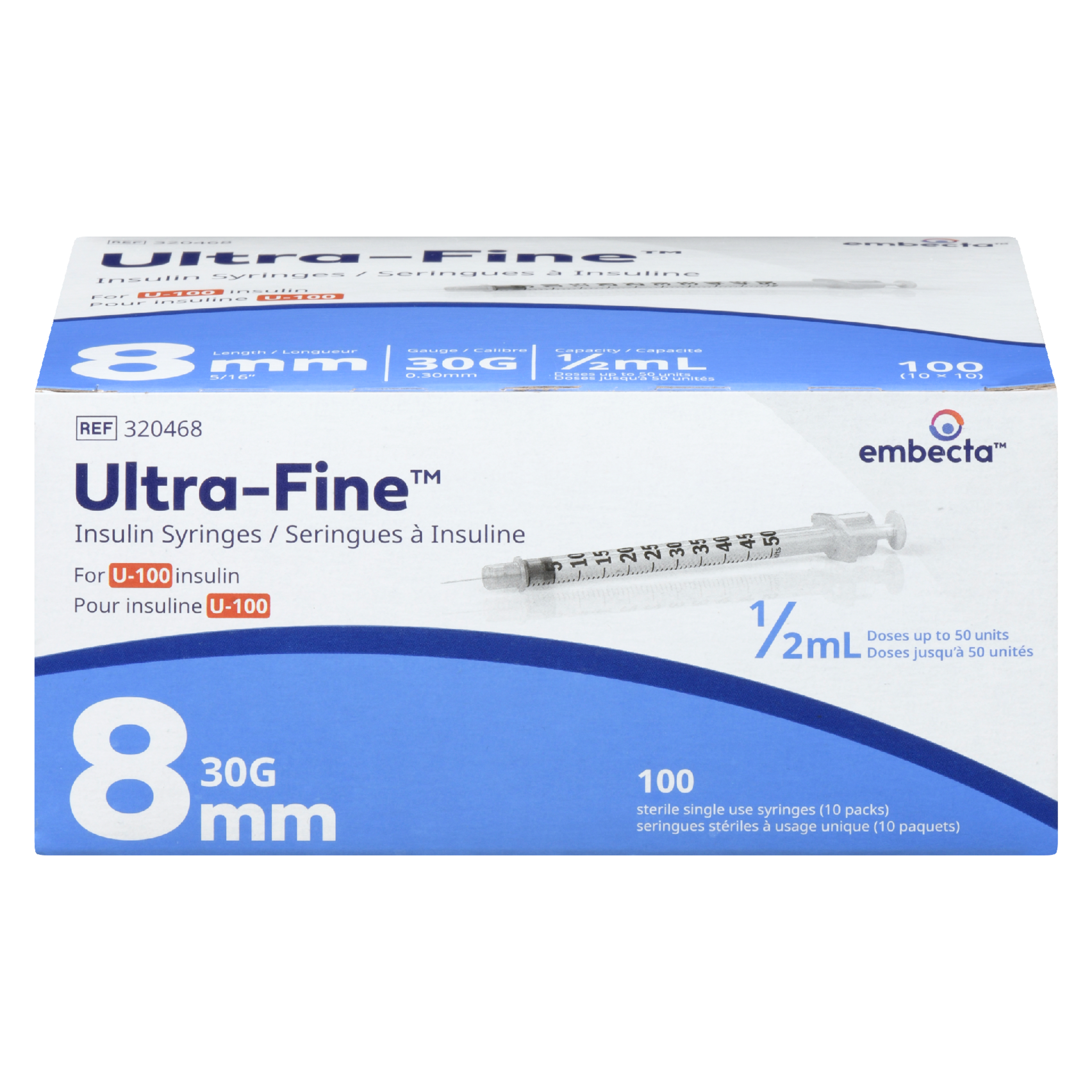 Embecta Ultra-Fine Insulin Syringes 8 mm 100 Sterile Single Use Syringes 10 Packs