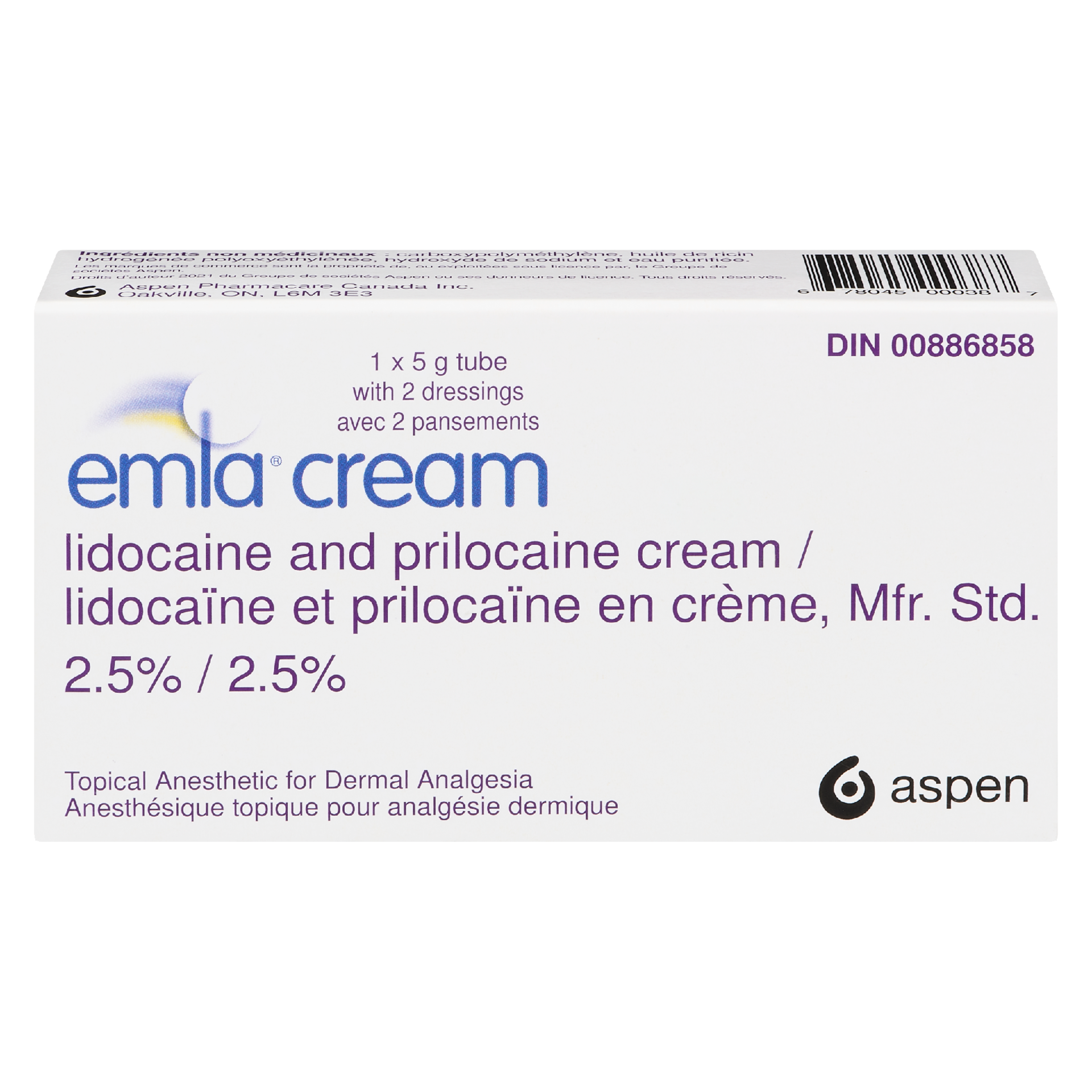 Emla Lidocaine and Prilocaine Cream, Mfr. Std 2.5% 1 Tube x 5 g