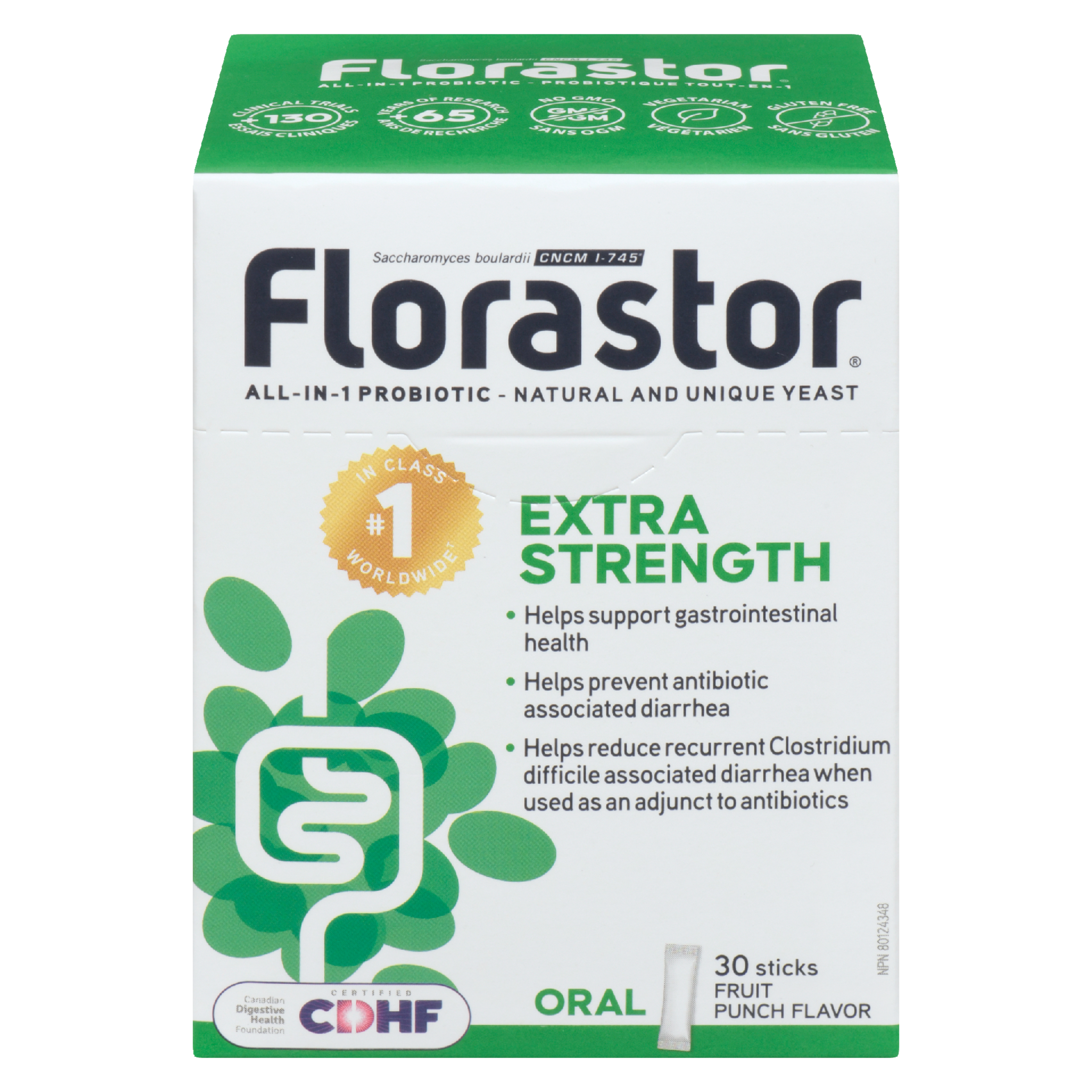 Florastor All-in-1 Probiotic Fruit Punch Flavor Extra Strength 30 Sticks