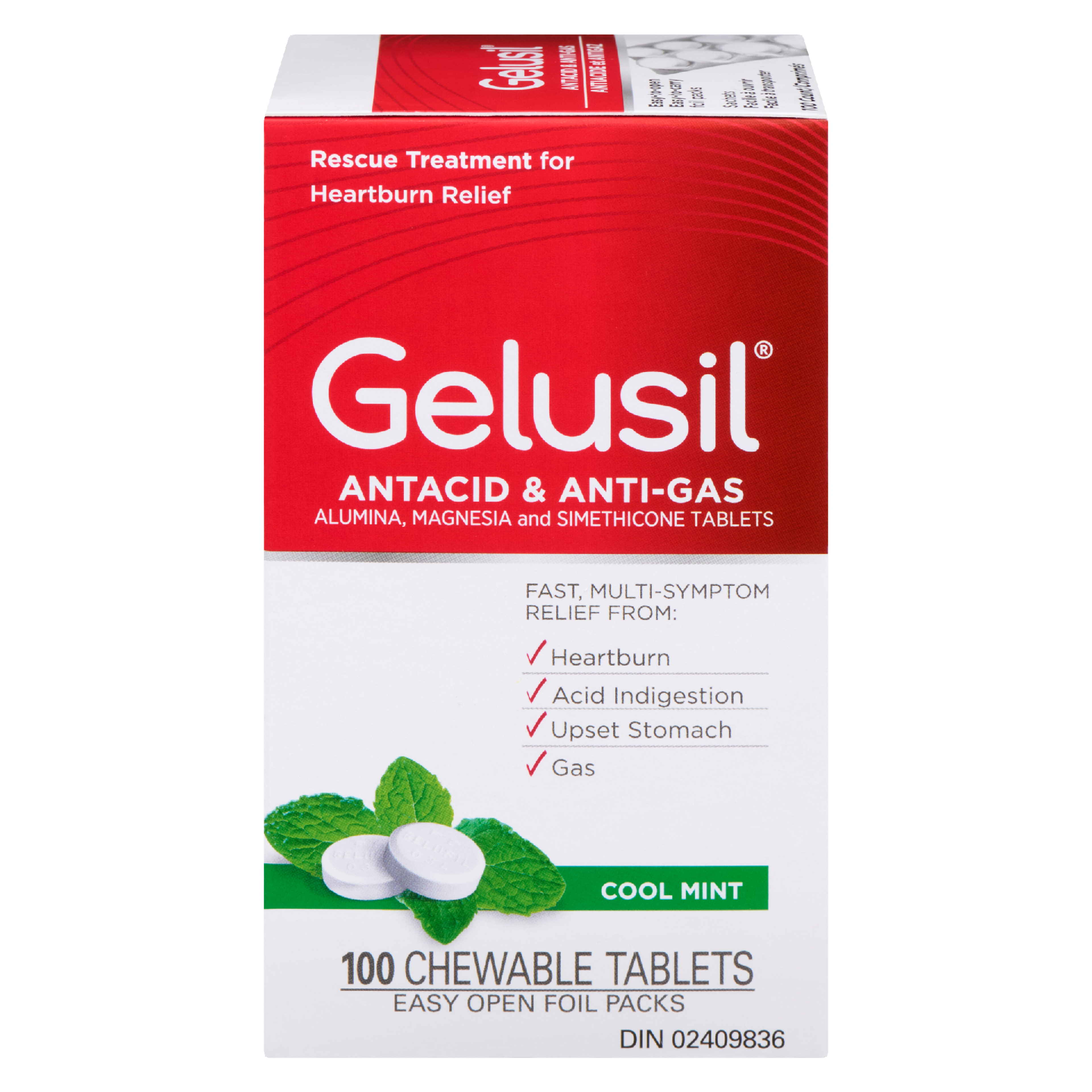 Gelusil Antacid & Anti-Gas Cool Mint 100 Count 100 Chewable Tablets