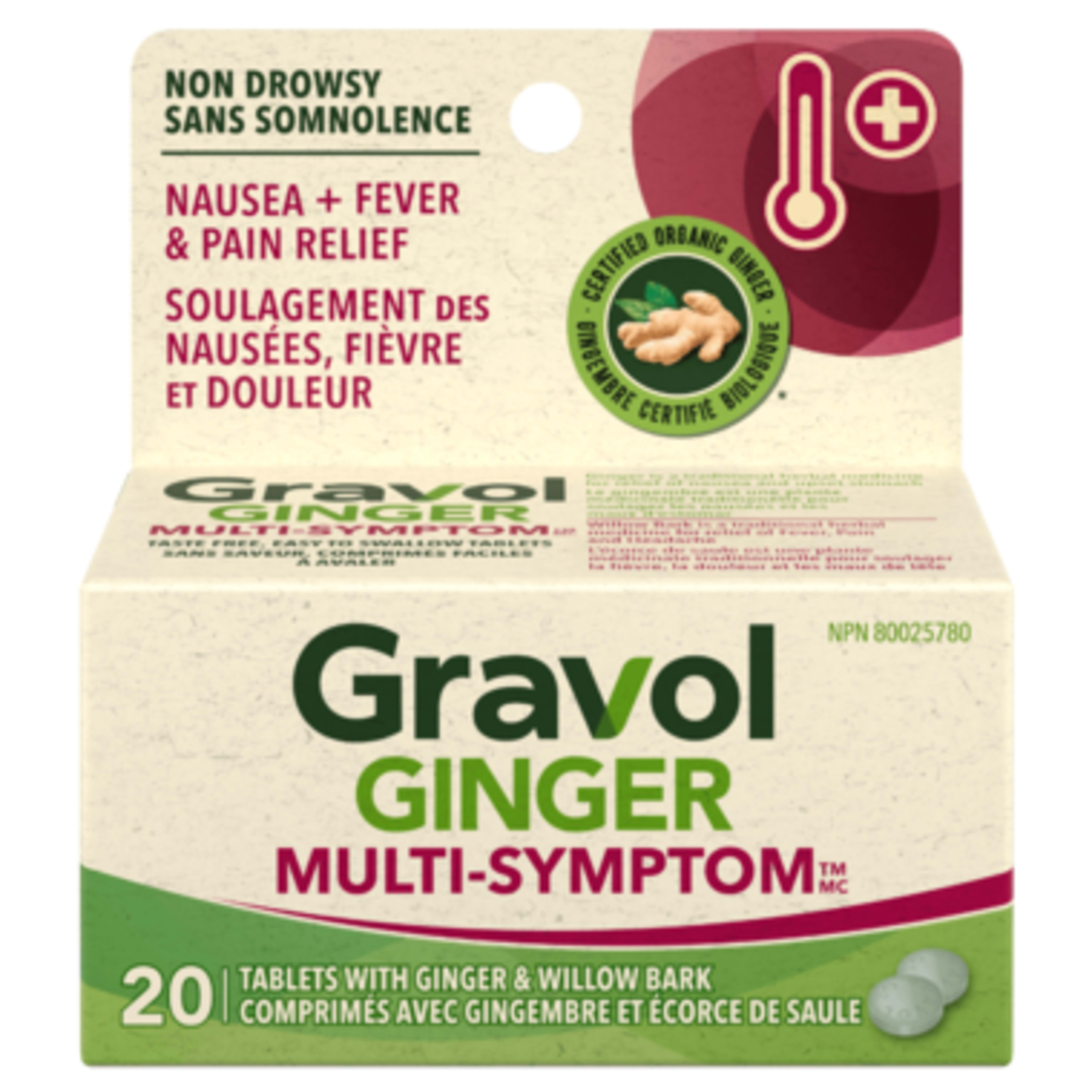 Gravol Ginger Multi-Symptom 20 Tablets with Ginger & Willow Bark