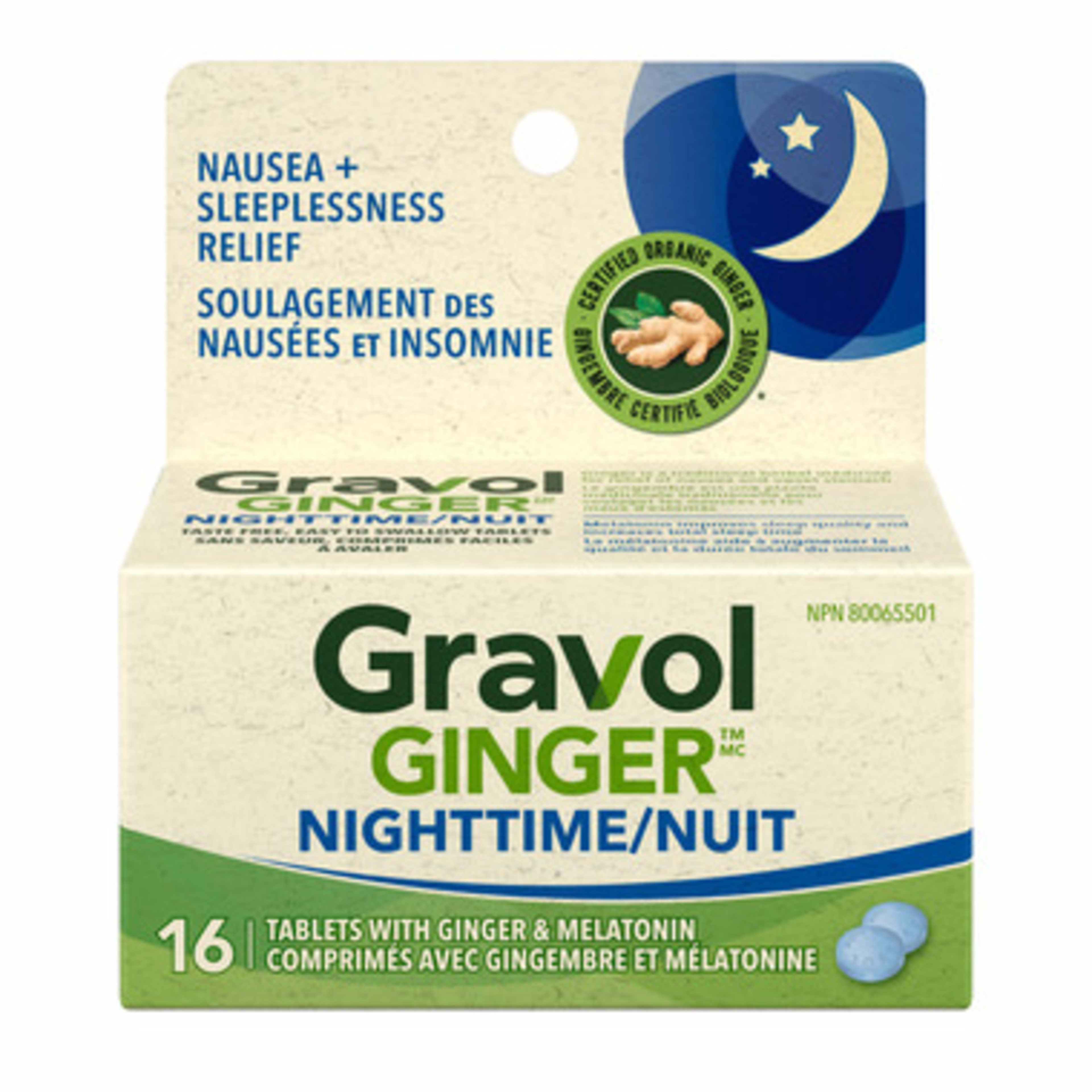 Gravol Ginger Nighttime 16 Tablets with Ginger & Melatonin