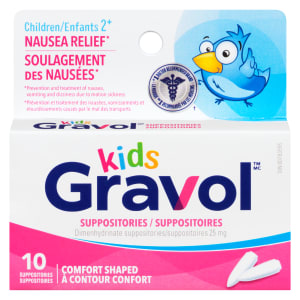 Gravol Kids Dimenhydrinate Suppositories 25 mg Children 2⁺ 10 Suppositories