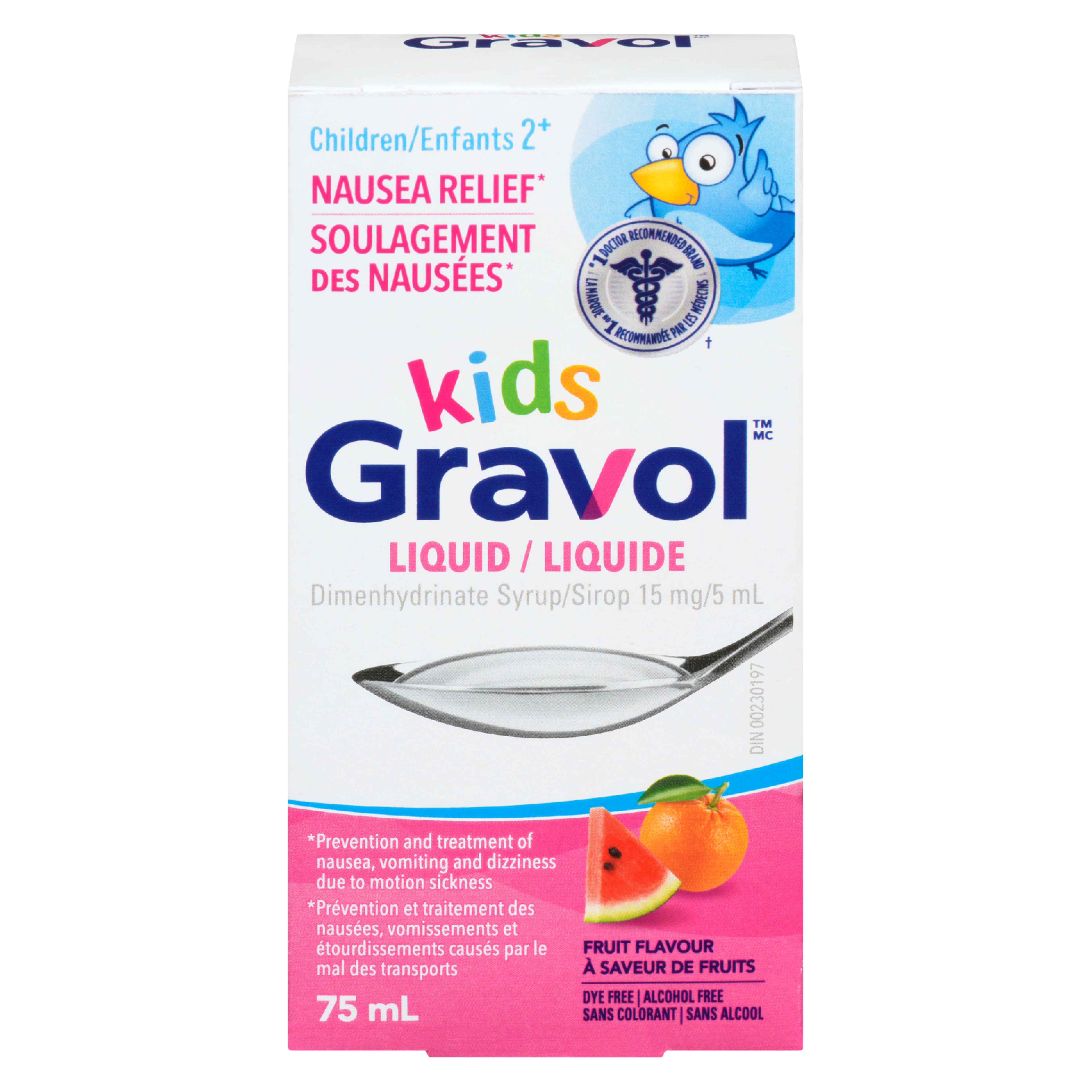 Gravol Kids Dimenhydrinate Syrup 15 mg/5 ml Liquid Fruit Flavour Children 2⁺ 75 ml
