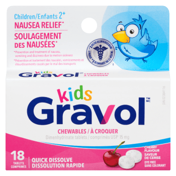 Gravol Kids Dimenhydrinate Tablets USP 15 mg Chewables Cherry Flavour Children 2⁺ 18 Tablets