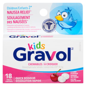 Gravol Kids Dimenhydrinate Tablets USP 15 mg Chewables Cherry Flavour Children 2⁺ 18 Tablets