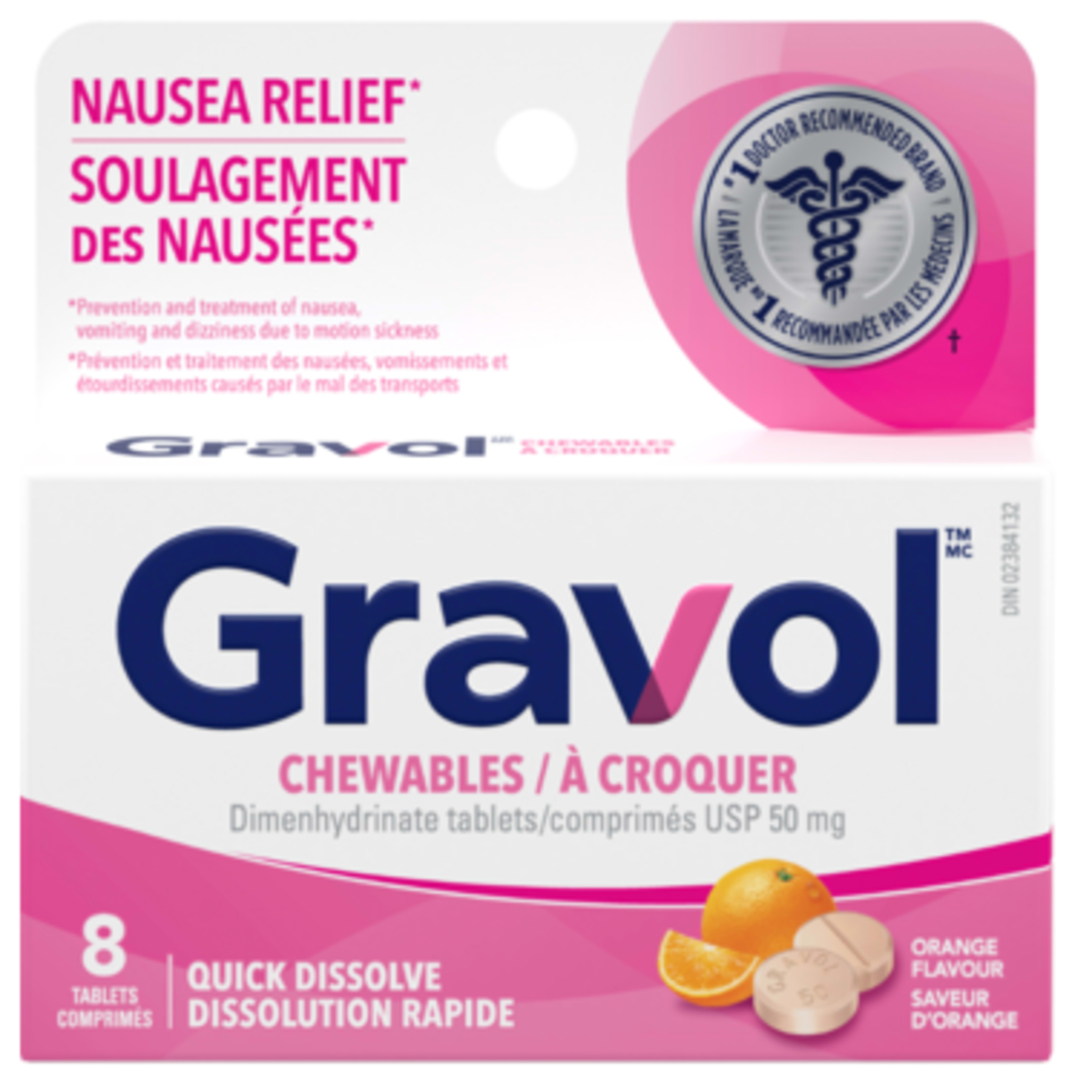 Gravol Dimenhydrinate Tablets USP 50 mg Chewables Orange Flavour 8 Tablets