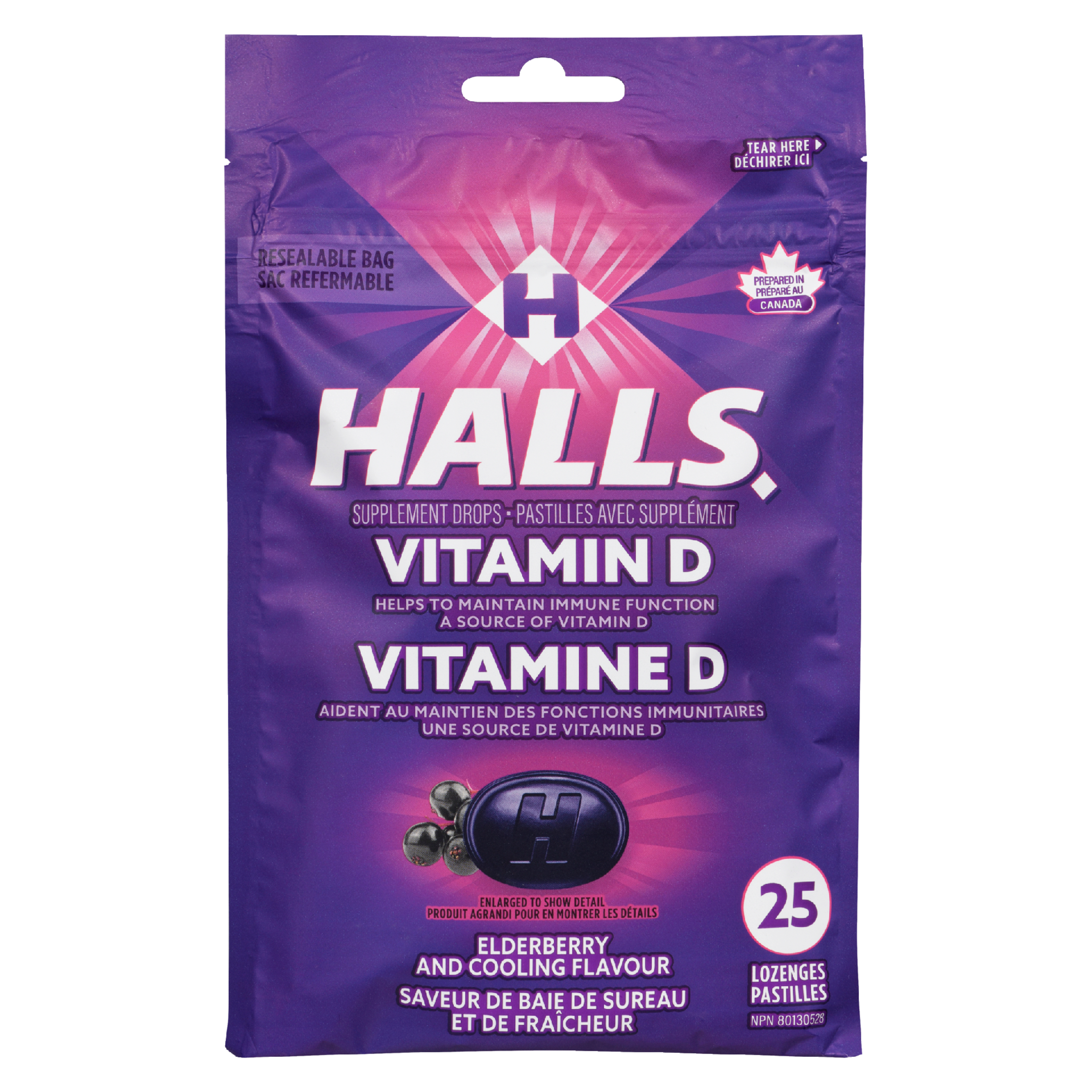 Halls Vitamin D Supplement Drops Elderberry and Cooling Flavour 25 Lozenges
