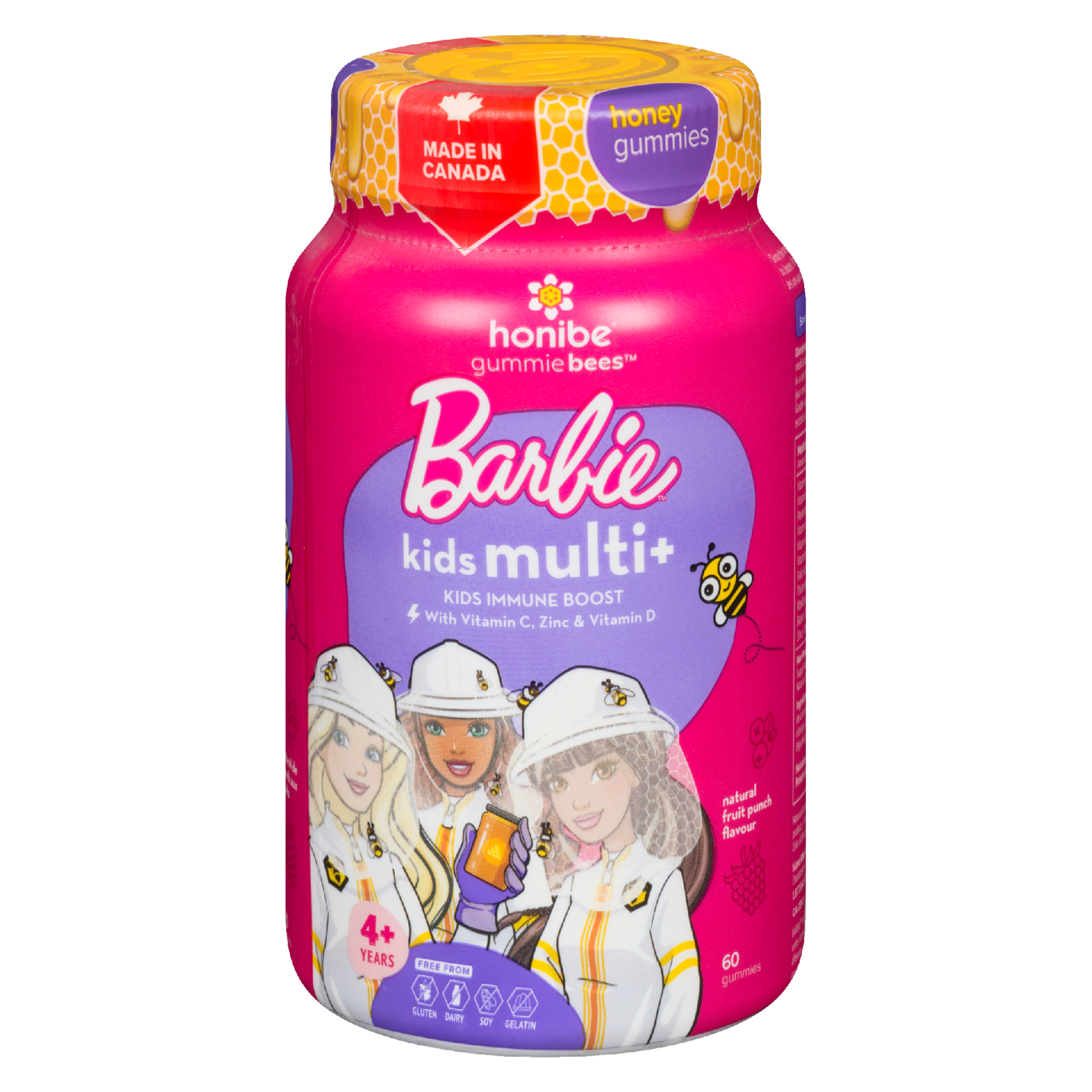 Honibe Gummie Bees Barbie Kids Multi+ Kids Immune Boost Natural Fruit Punch Flavour 4+ Years 60 Gummies