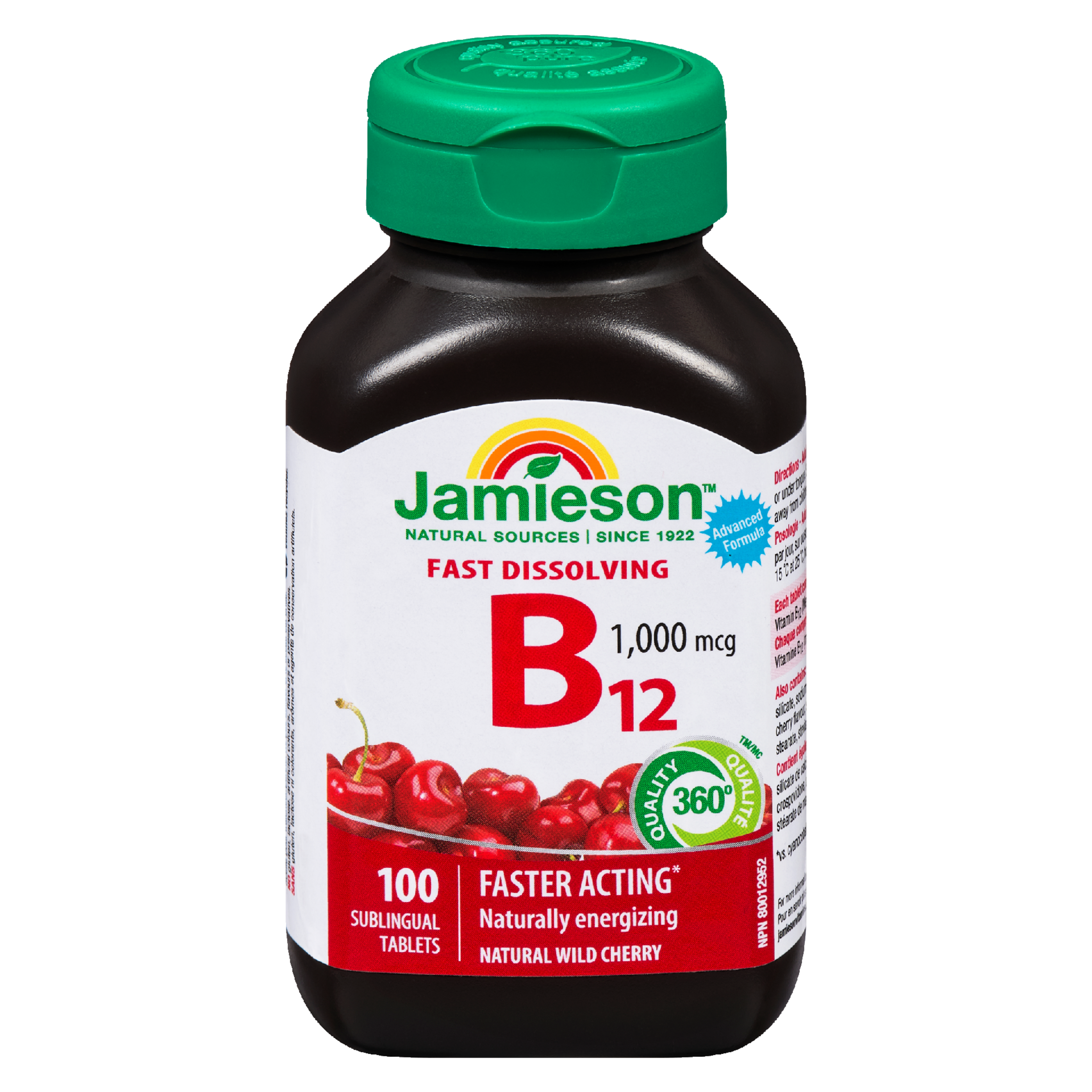 Jamieson B₁₂ Fast Dissolving 1,000 mcg Natural Wild Cherry 100 Sublingual Tablets