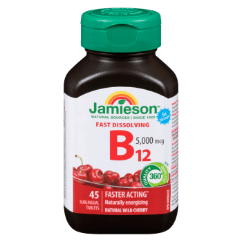 Jamieson B₁₂ Fast Dissolving 5,000 mcg Natural Wild Cherry 45 Sublingual Tablets