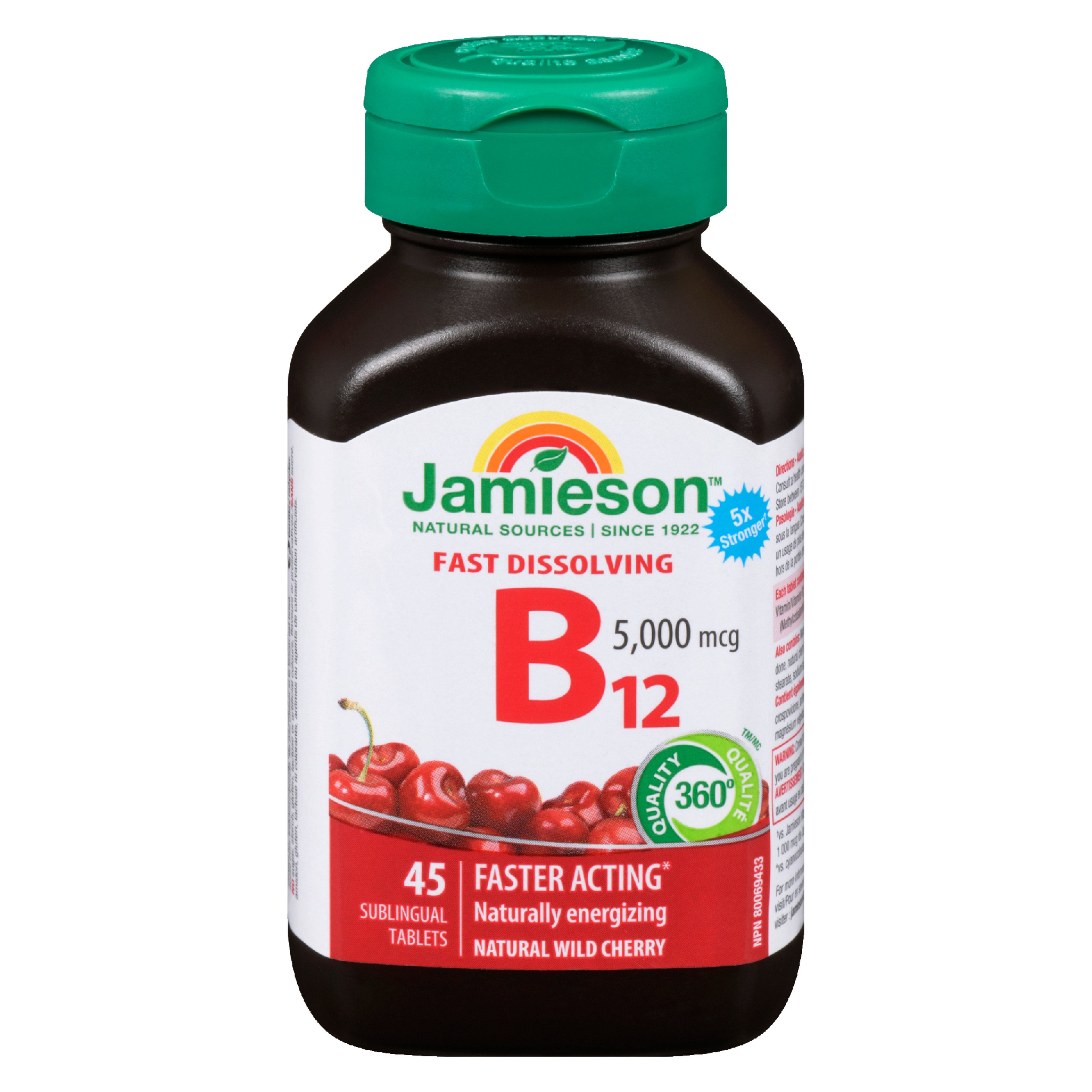 Jamieson B₁₂ Fast Dissolving 5,000 mcg Natural Wild Cherry 45 Sublingual Tablets