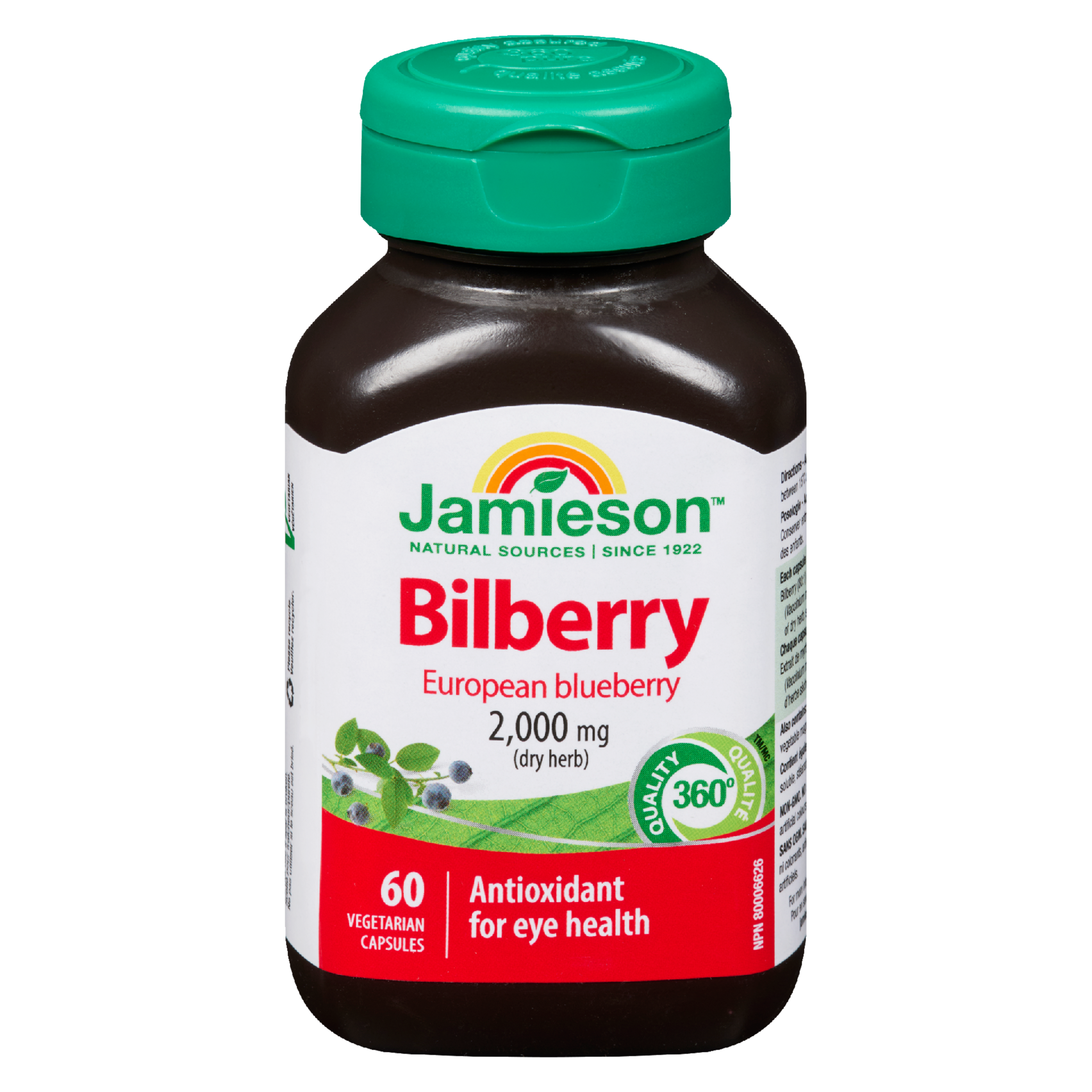 Jamieson Bilberry European Blueberry 2,000 mg Dry Herb 60 Vegetarian Capsules