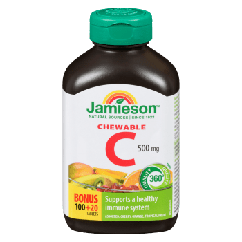 Jamieson Chewable C 500 mg Assorted: Cherry, Orange, Tropical Fruit Bonus 100+20 Tablets