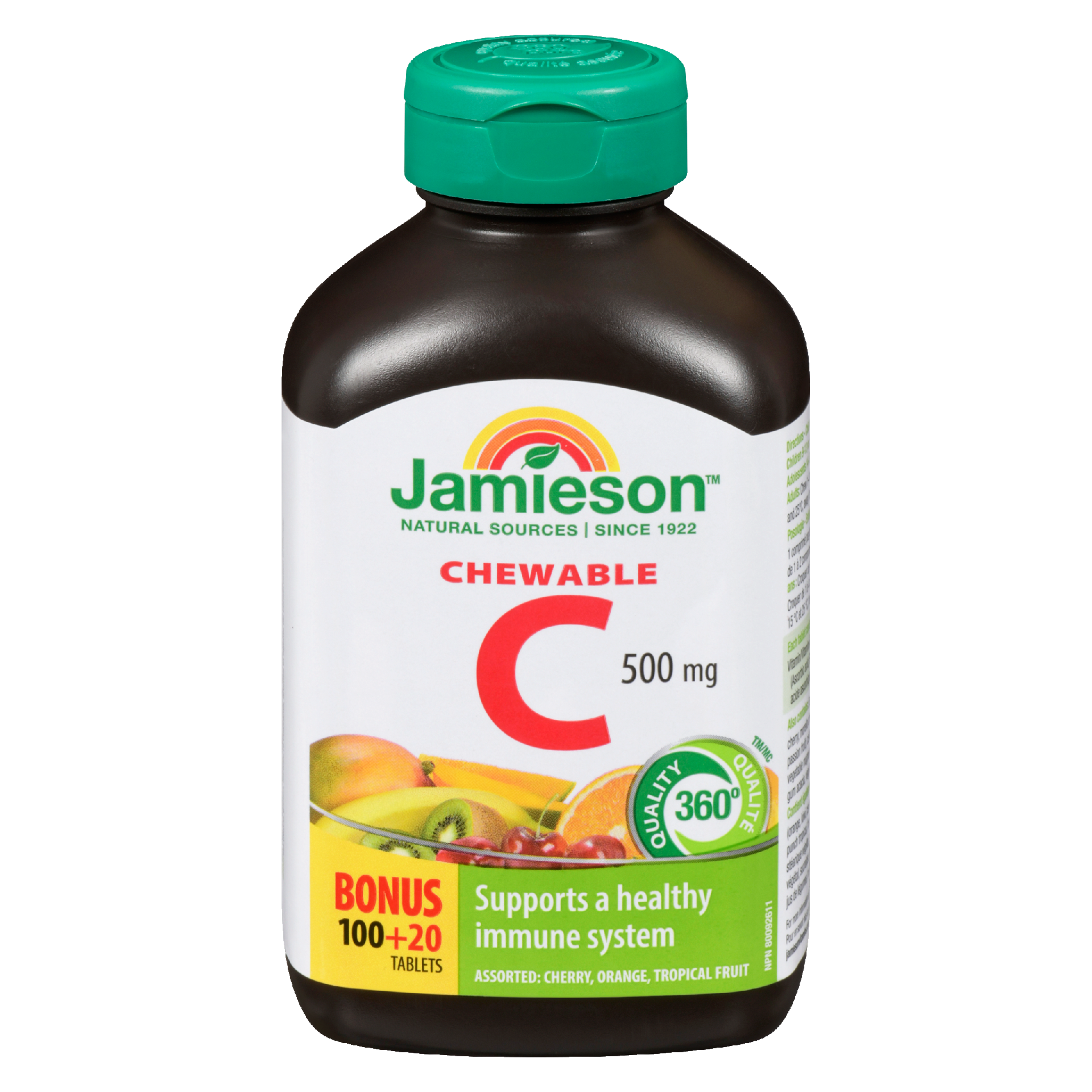 Jamieson Chewable C 500 mg Assorted: Cherry, Orange, Tropical Fruit Bonus 100+20 Tablets