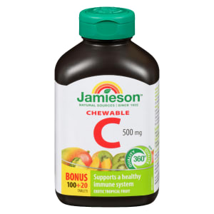 Jamieson Chewable C 500 mg Exotic Tropical Fruit Bonus 100+20 Tablets