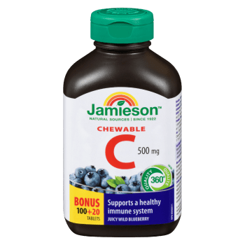 Jamieson Chewable C 500 mg Juicy Wild Blueberry Bonus 100+20 Tablets