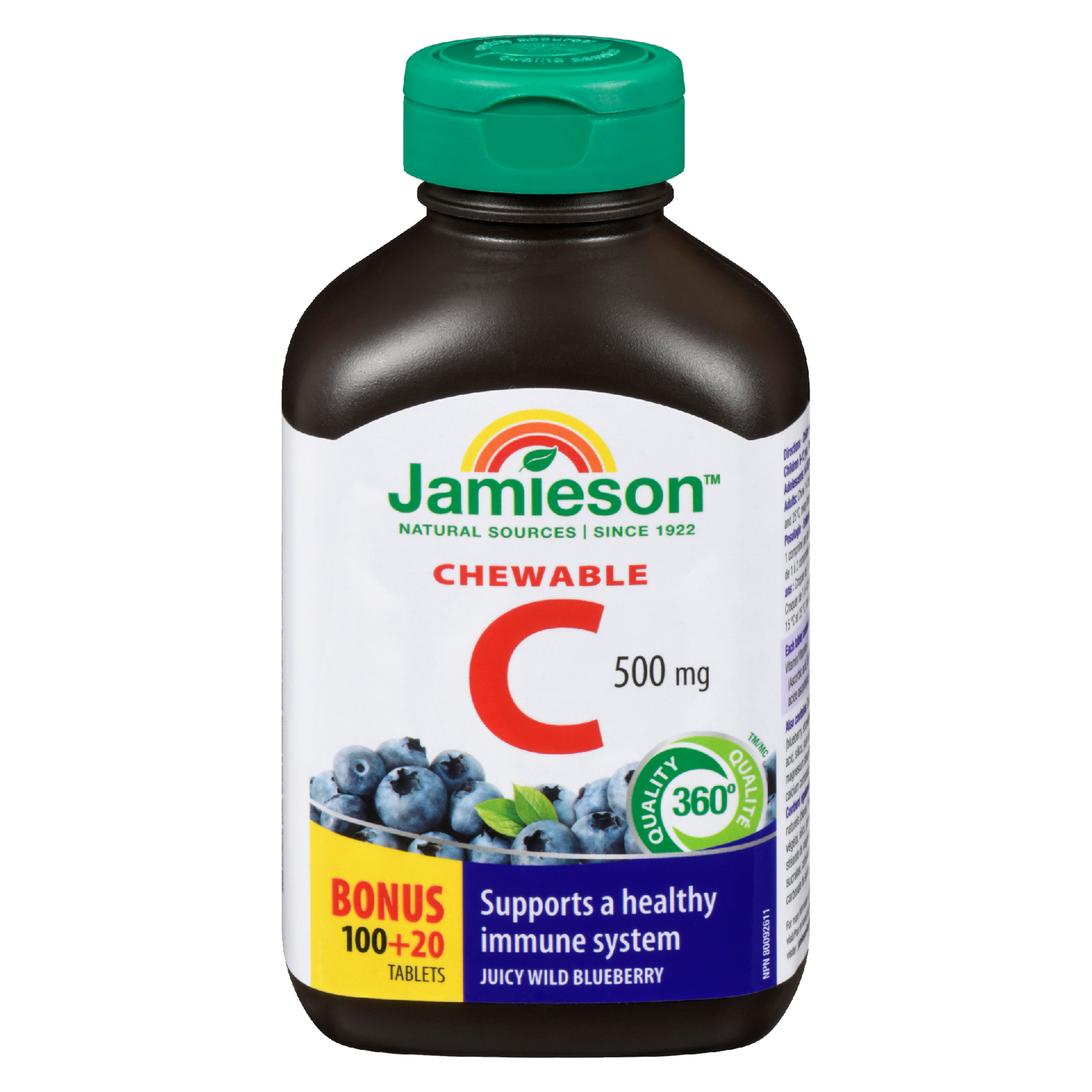 Jamieson Chewable C 500 mg Juicy Wild Blueberry Bonus 100+20 Tablets