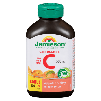 Jamieson Chewable C Juicy White Peach 500 mg Bonus 100+20 Tablets