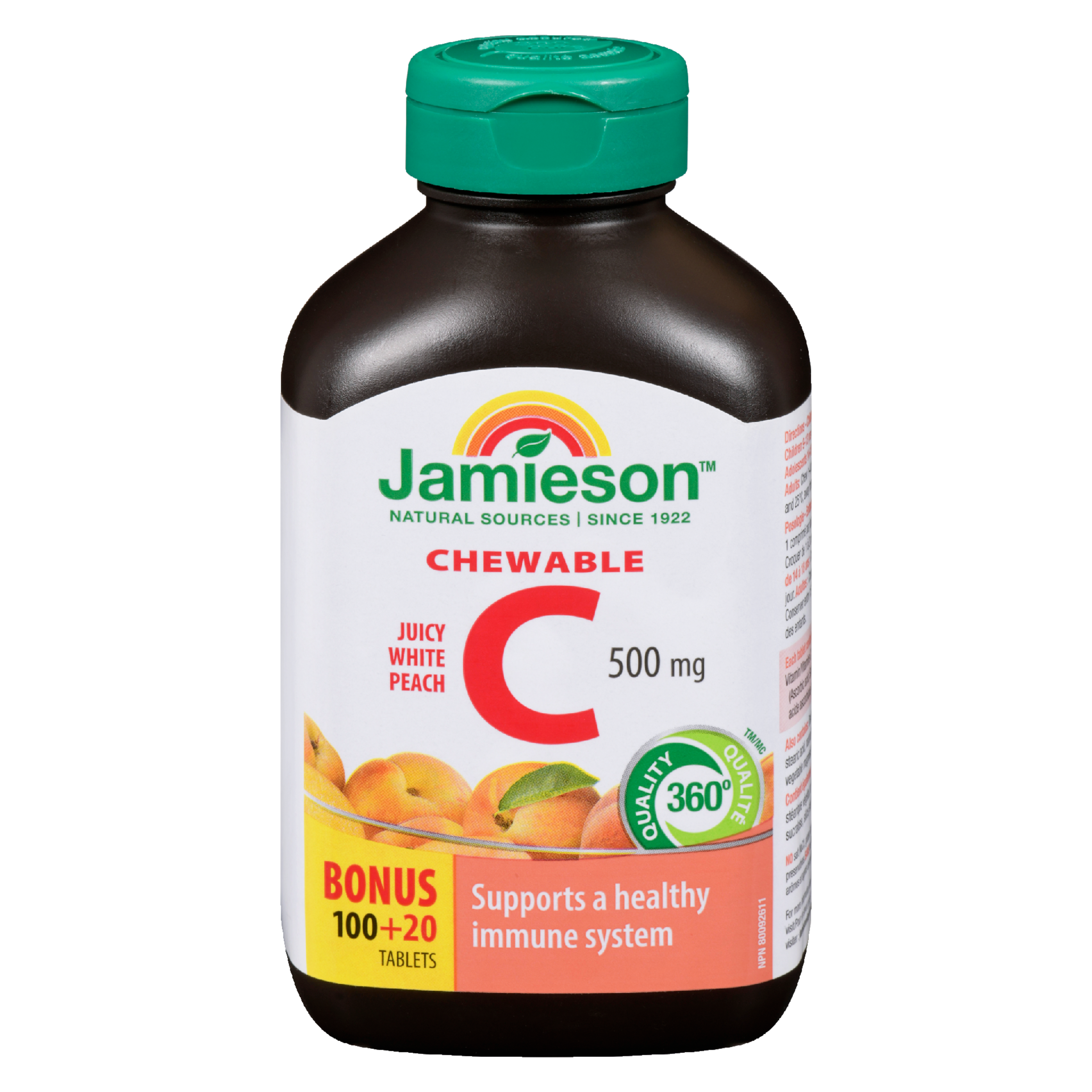 Jamieson Chewable C Juicy White Peach 500 mg Bonus 100+20 Tablets
