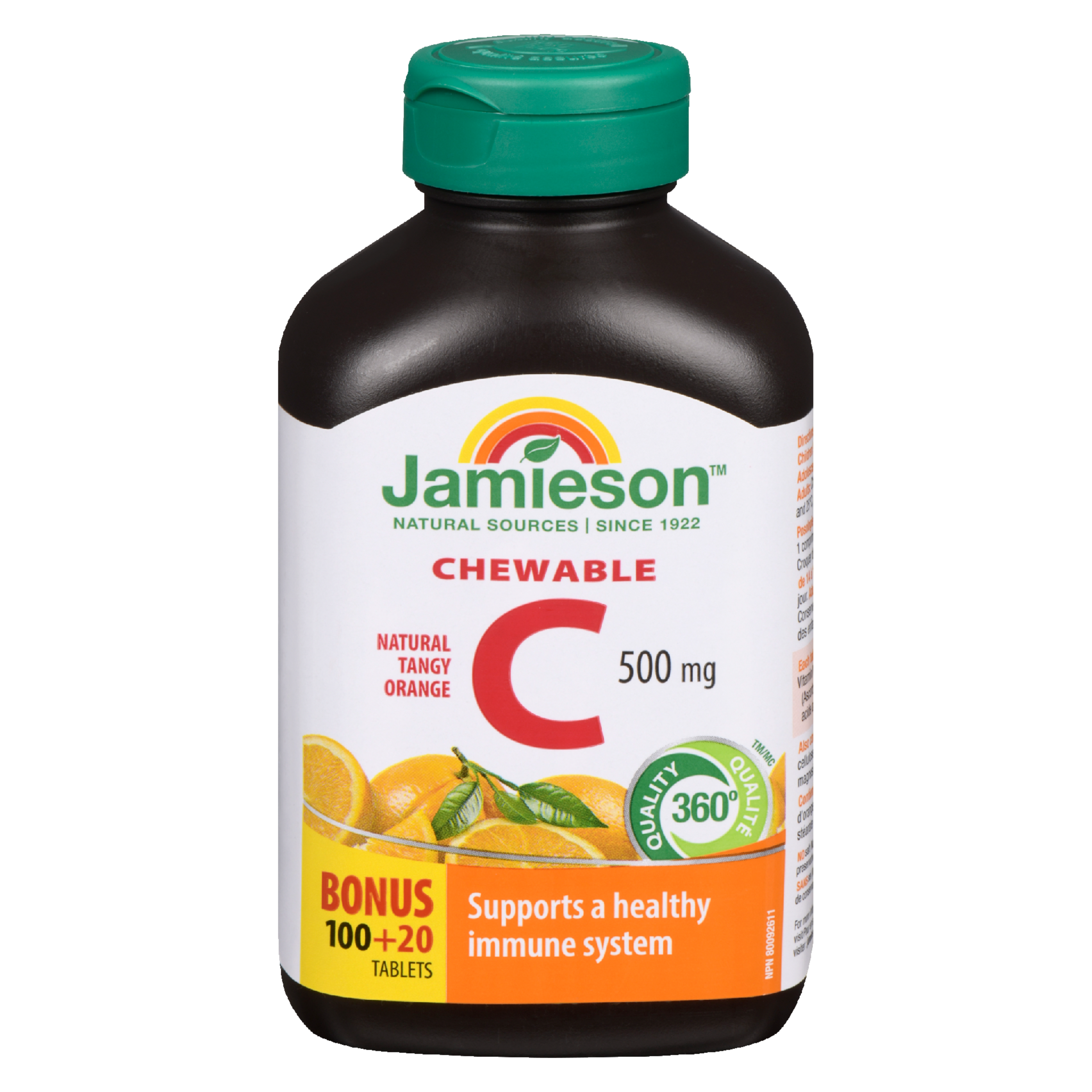 Jamieson Chewable C Natural Tangy Orange 500 mg Bonus 100+20 Tablets