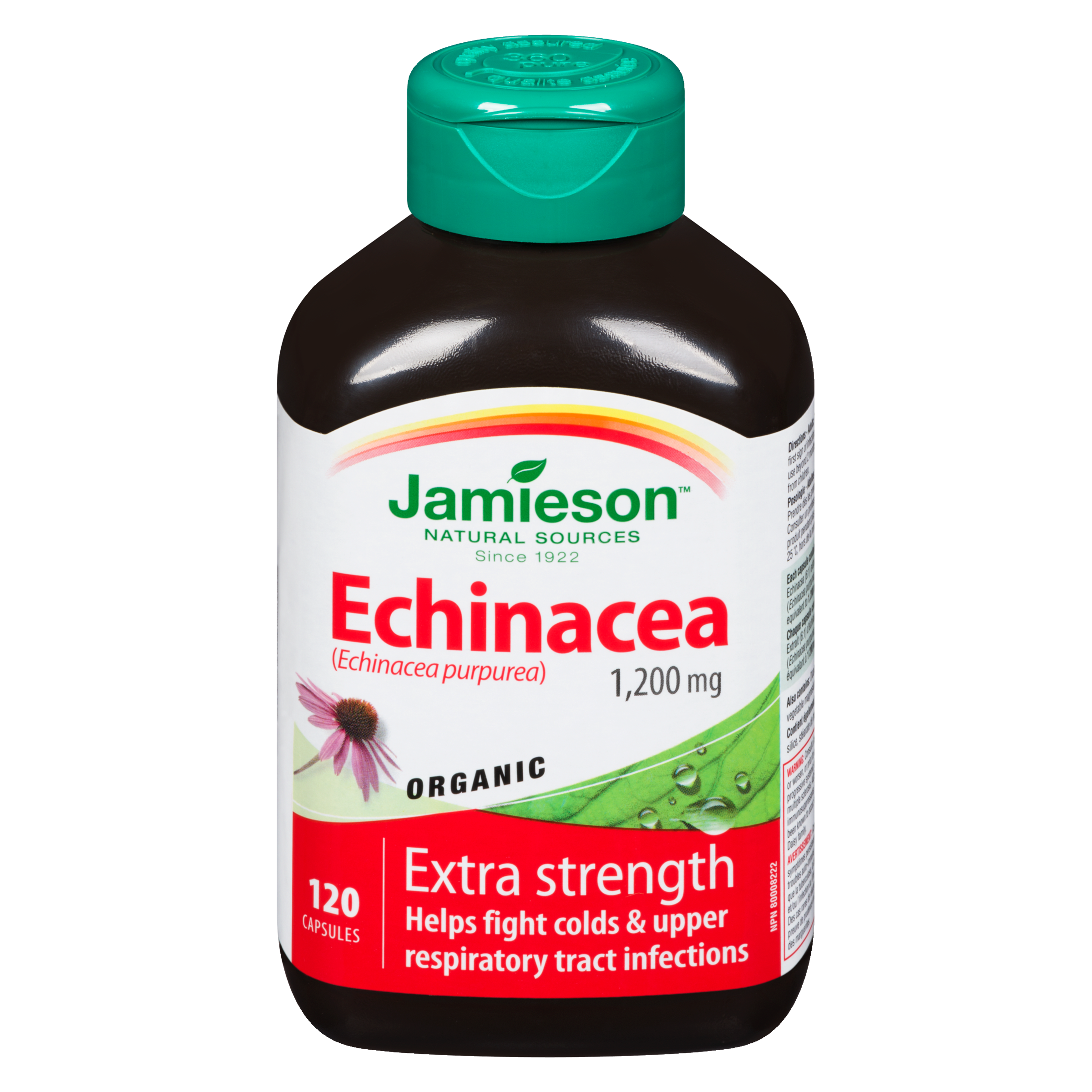Jamieson Organic Echinacea Extra Strength 1,200 mg Raw Herb 120 Vegetarian Capsules