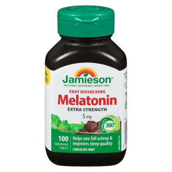 Jamieson Fast Dissolving Melatonin Extra Strength Chocolate Mint 5 mg 100 Sublingual Tablets