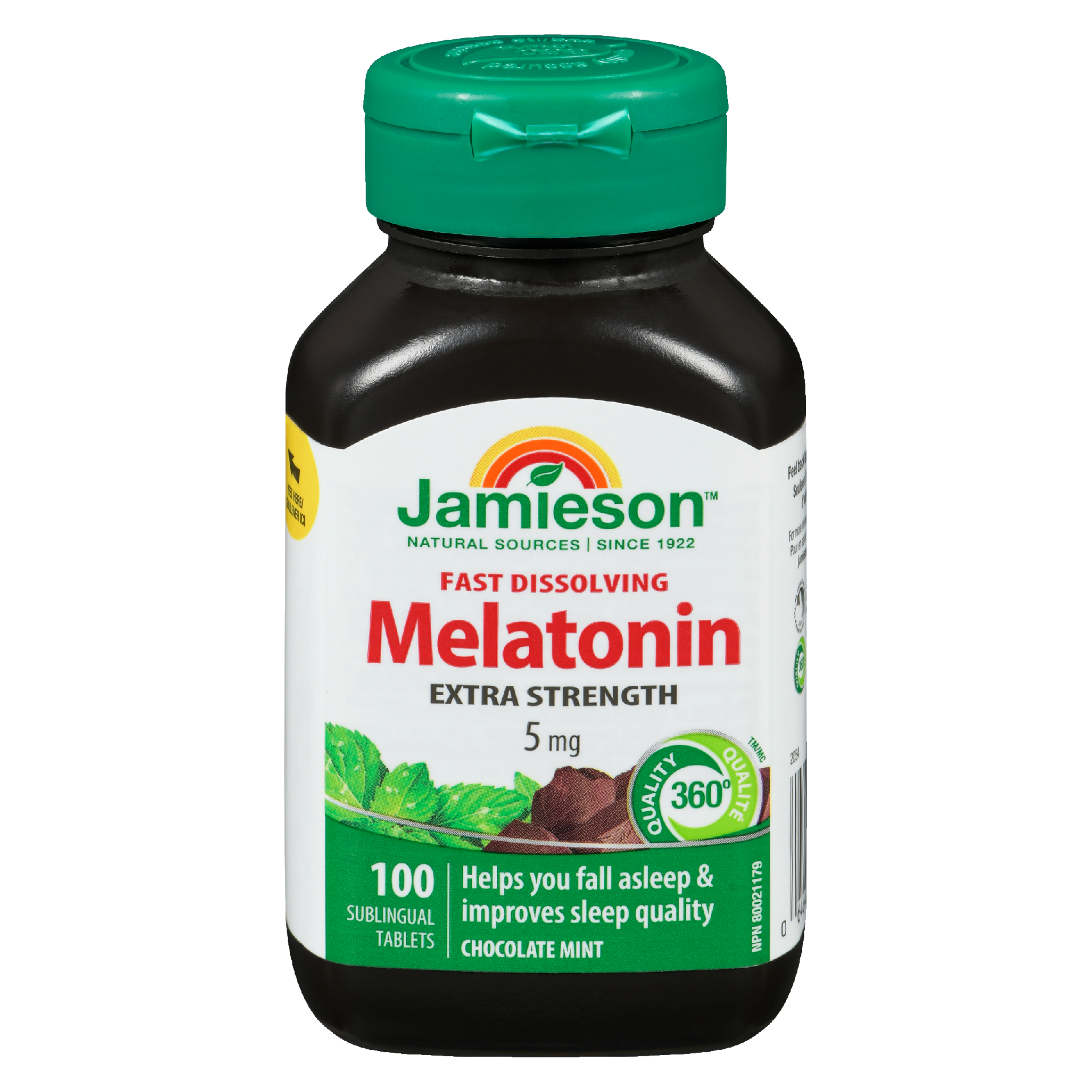 Jamieson Fast Dissolving Melatonin Extra Strength Chocolate Mint 5 mg 100 Sublingual Tablets