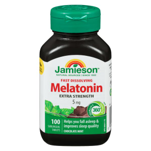 Jamieson Fast Dissolving Melatonin Extra Strength Chocolate Mint 5 mg 100 Sublingual Tablets