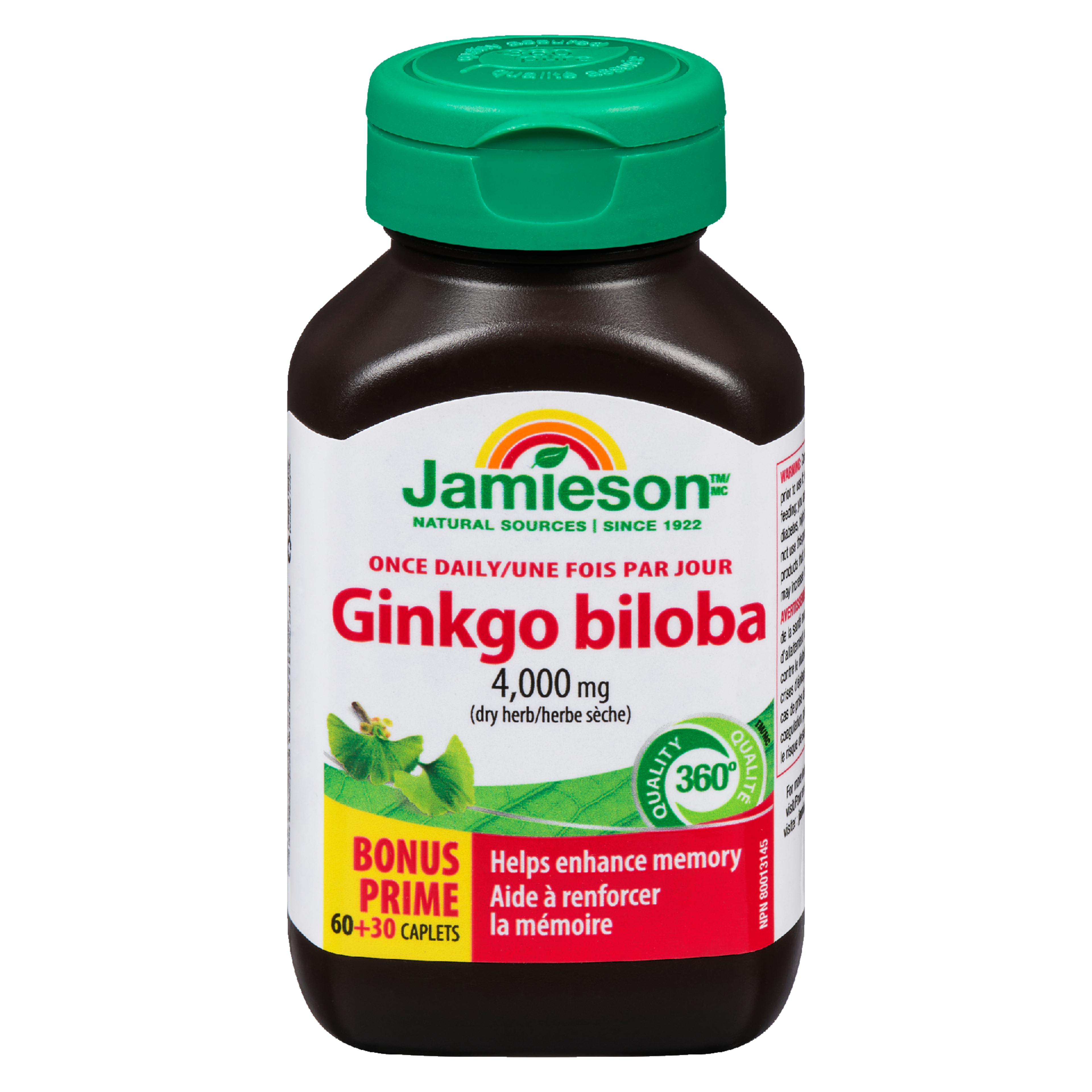 Jamieson Ginkgo Biloba 4,000 mg Dry Herb Bonus 60+30 Caplets