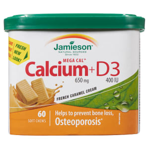 Jamieson Mega Cal Calcium 650 mg + D3 400 IU French Caramel Cream 60 Soft Chews