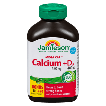 Jamieson Mega Cal Calcium + D₃ 650 mg 400 IU Bonus 100+20 Mini-Tab Caplets