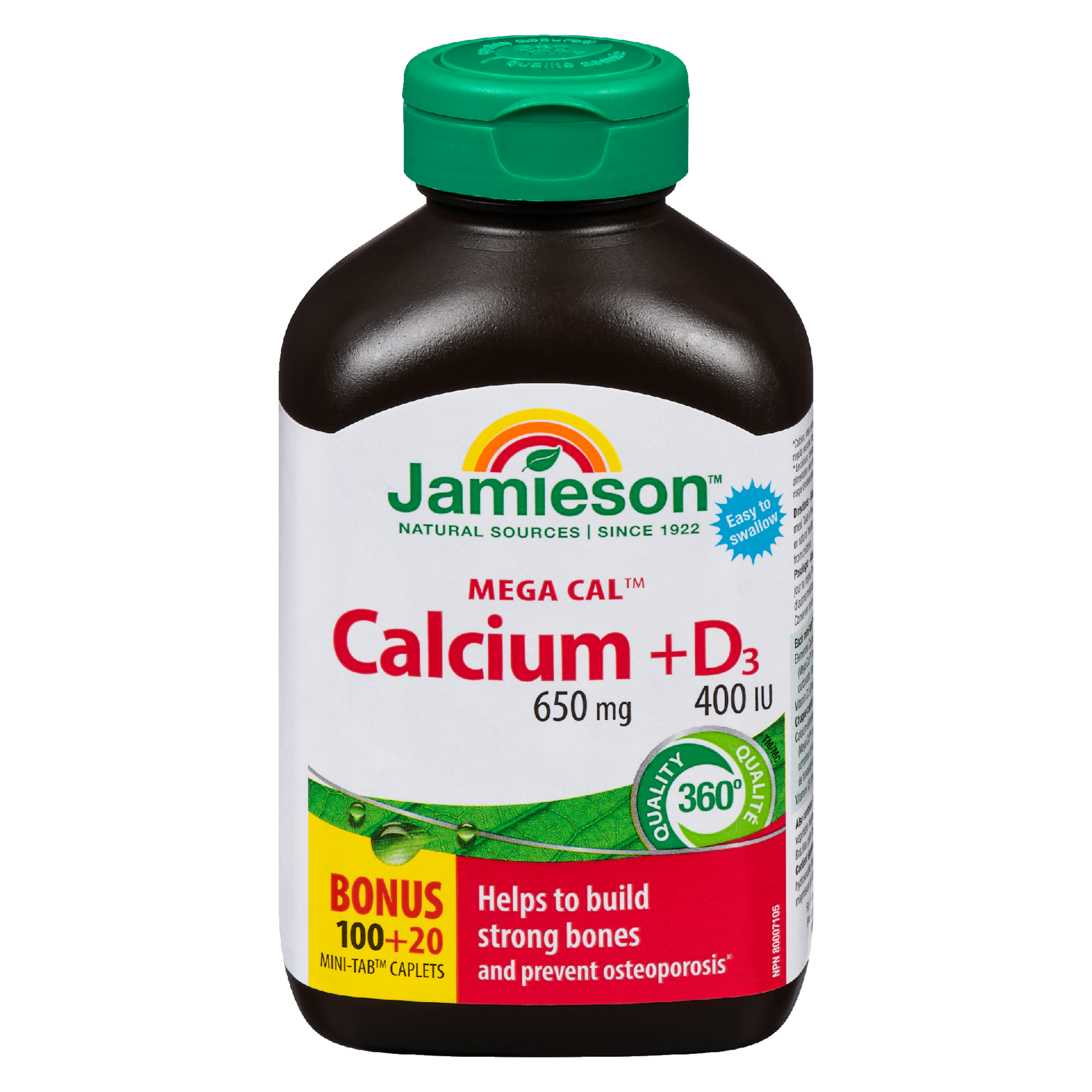 Jamieson Mega Cal Calcium + D₃ 650 mg 400 IU Bonus 100+20 Mini-Tab Caplets
