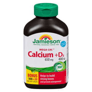 Jamieson Mega Cal Calcium + D₃ 650 mg 400 IU Bonus 100+20 Mini-Tab Caplets