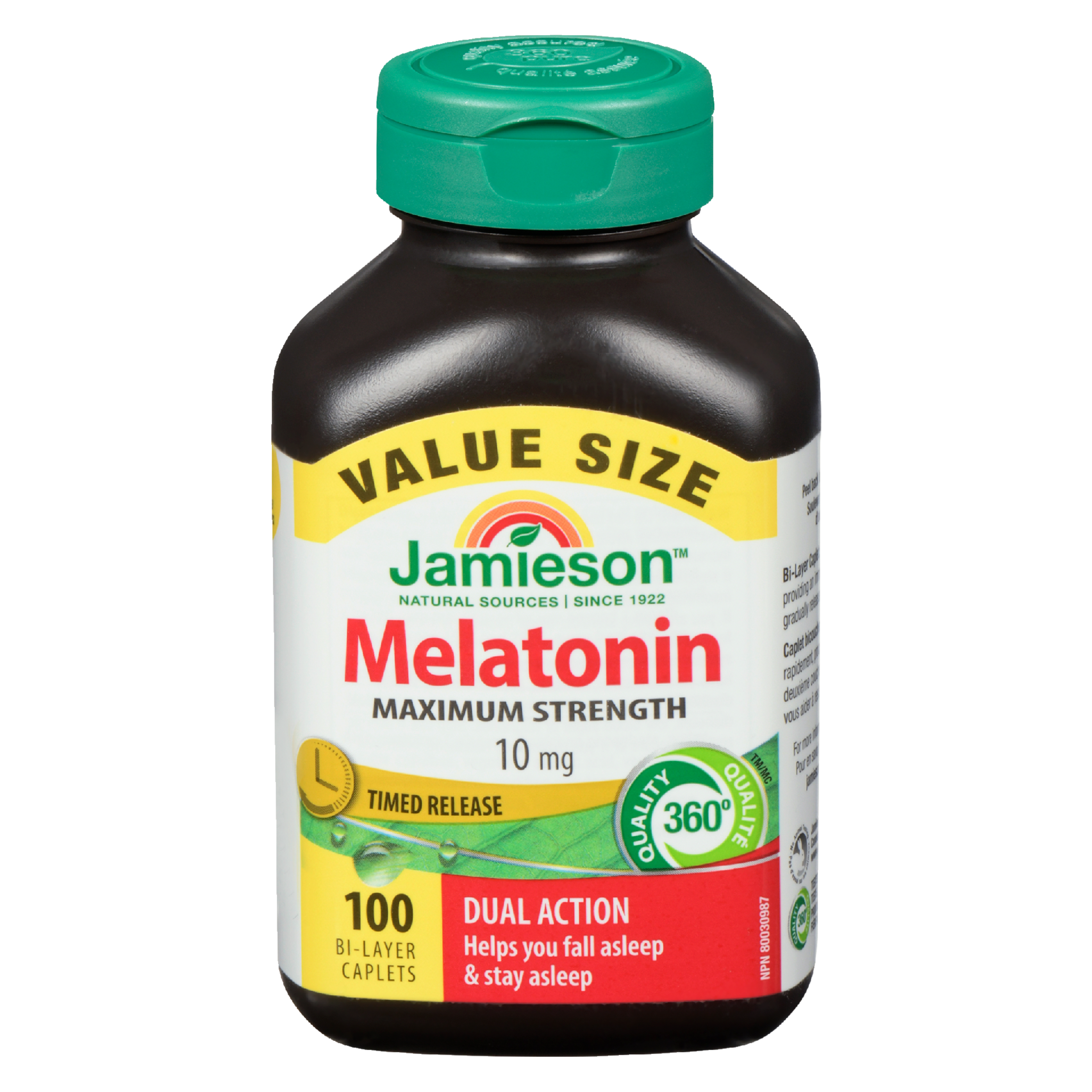 Jamieson Melatonin Dual Action Maximum Strength 10 mg Timed Release Value Size 100 Bi-Layer Caplets
