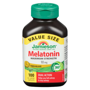 Jamieson Melatonin Dual Action Maximum Strength 10 mg Timed Release Value Size 100 Bi-Layer Caplets