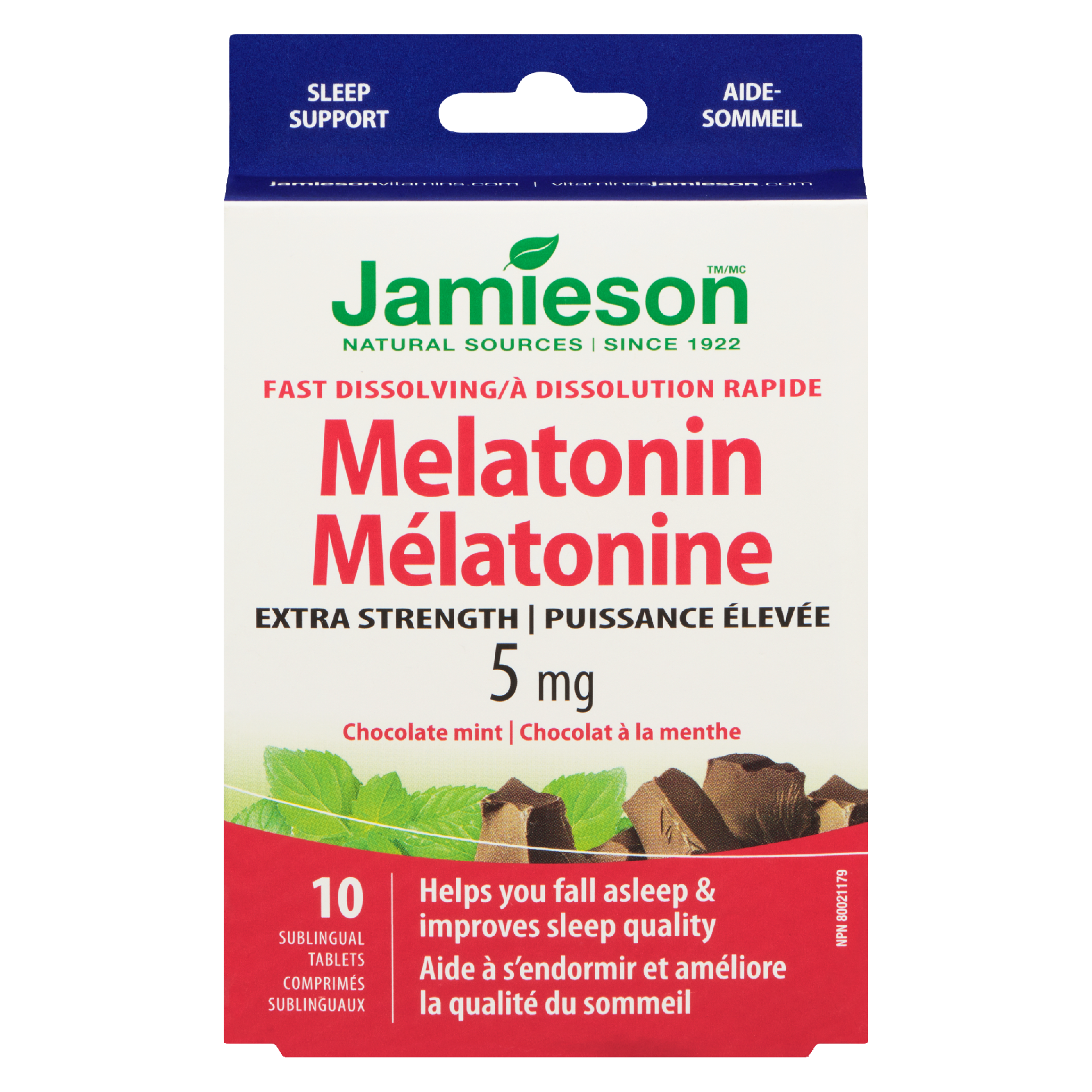Jamieson Melatonin Extra Strength 5 mg Chocolate Mint 10 Sublingual Tablets