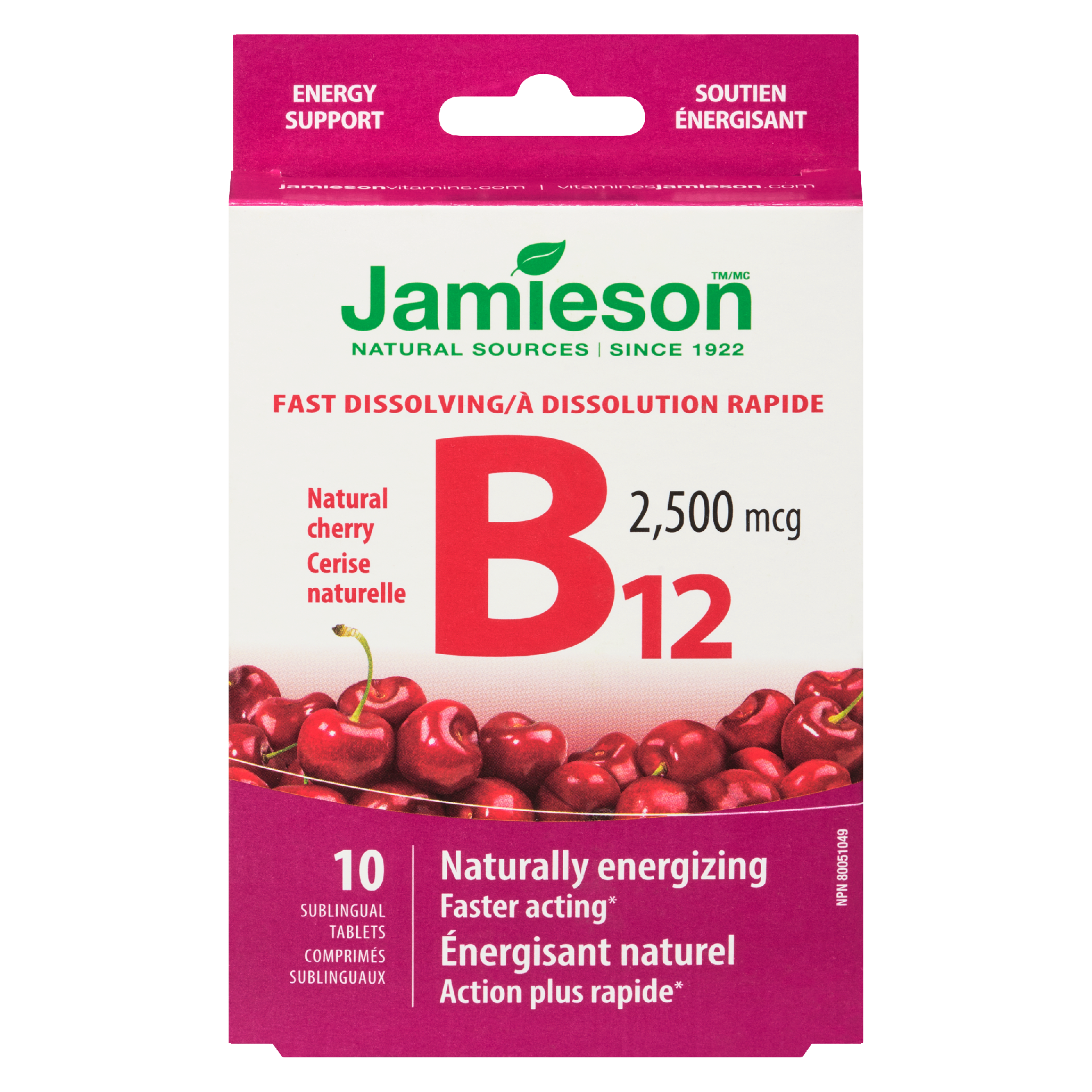 Jamieson Vitamin B₁₂ Natural Cherry 2,500 mcg 10 Sublingual Tablets
