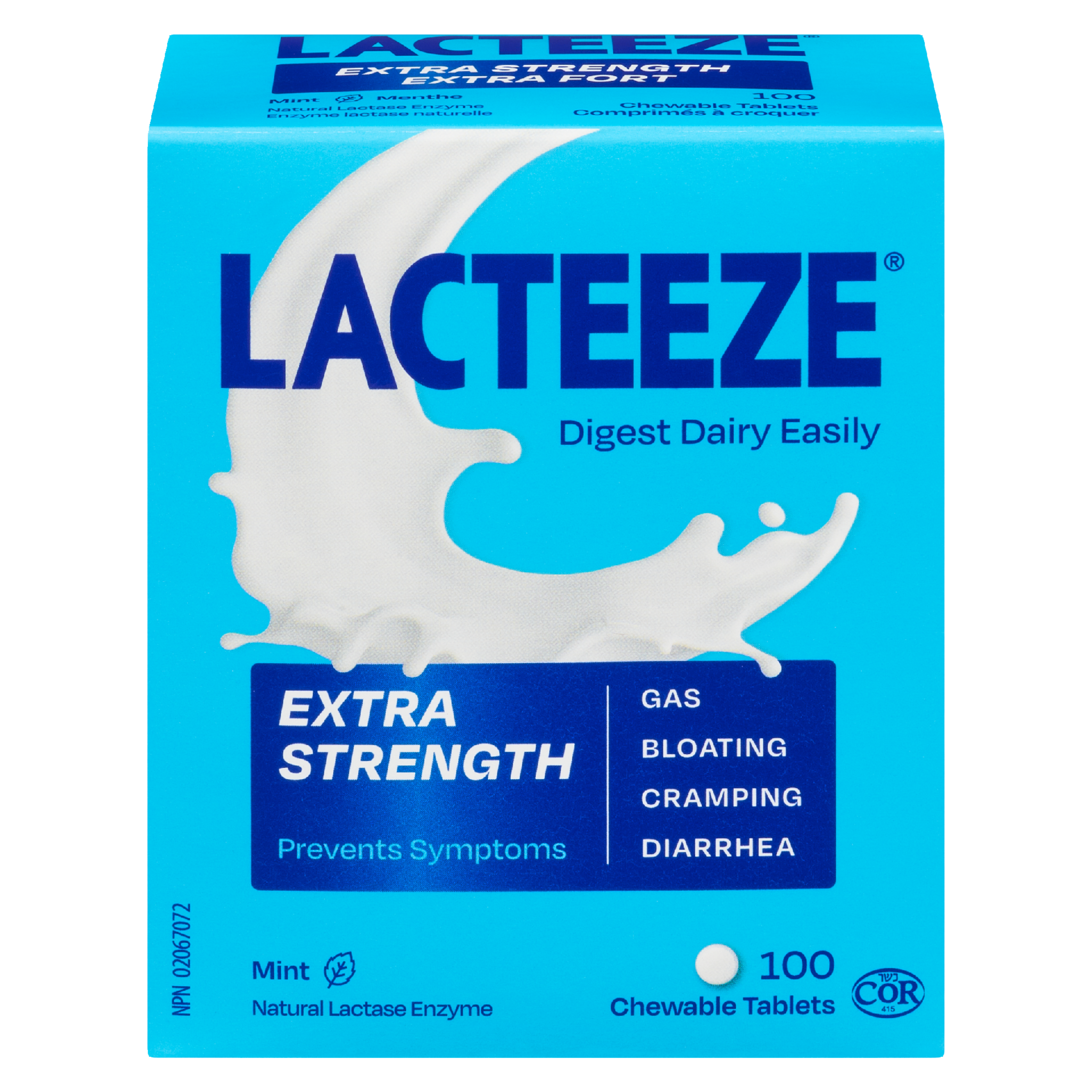 Lacteeze Natural Lactase Enzyme Extra Strength Mint 100 Chewable Tablets